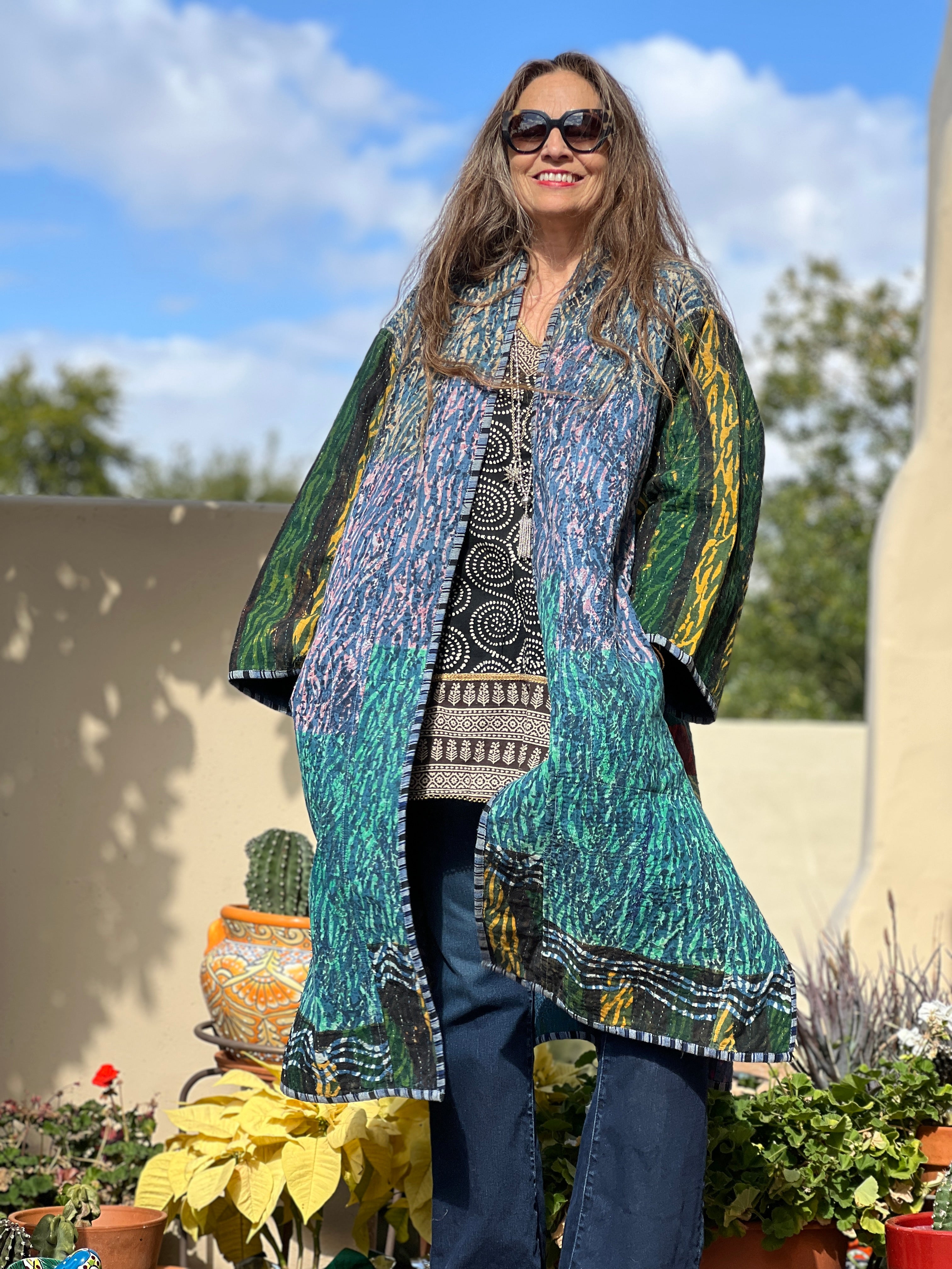 Elodea Indigo Cotton Vintage Quilted Kantha Coat ONE OF KIND