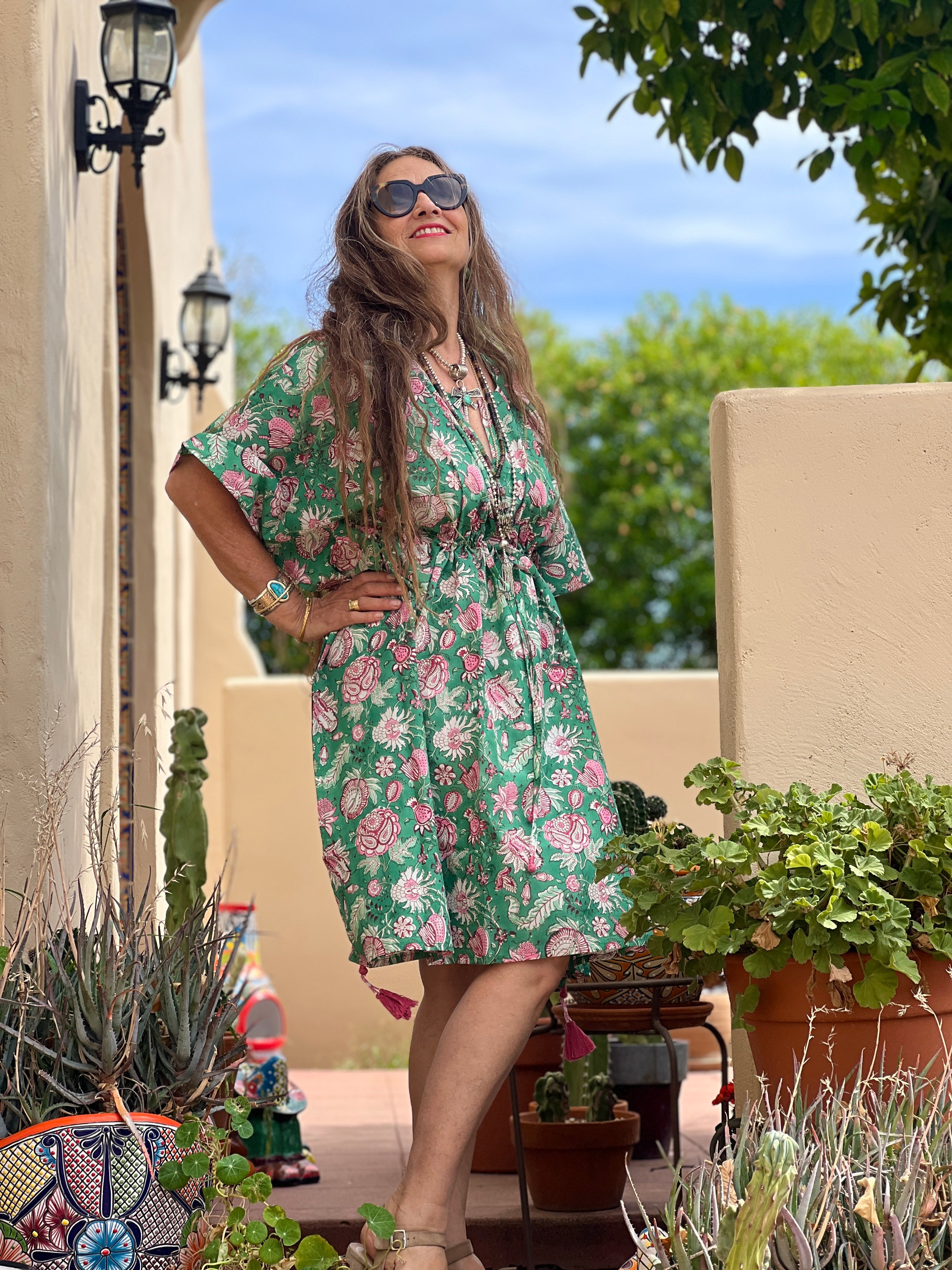 Capri Green Floral Midi Kaftan Dress
