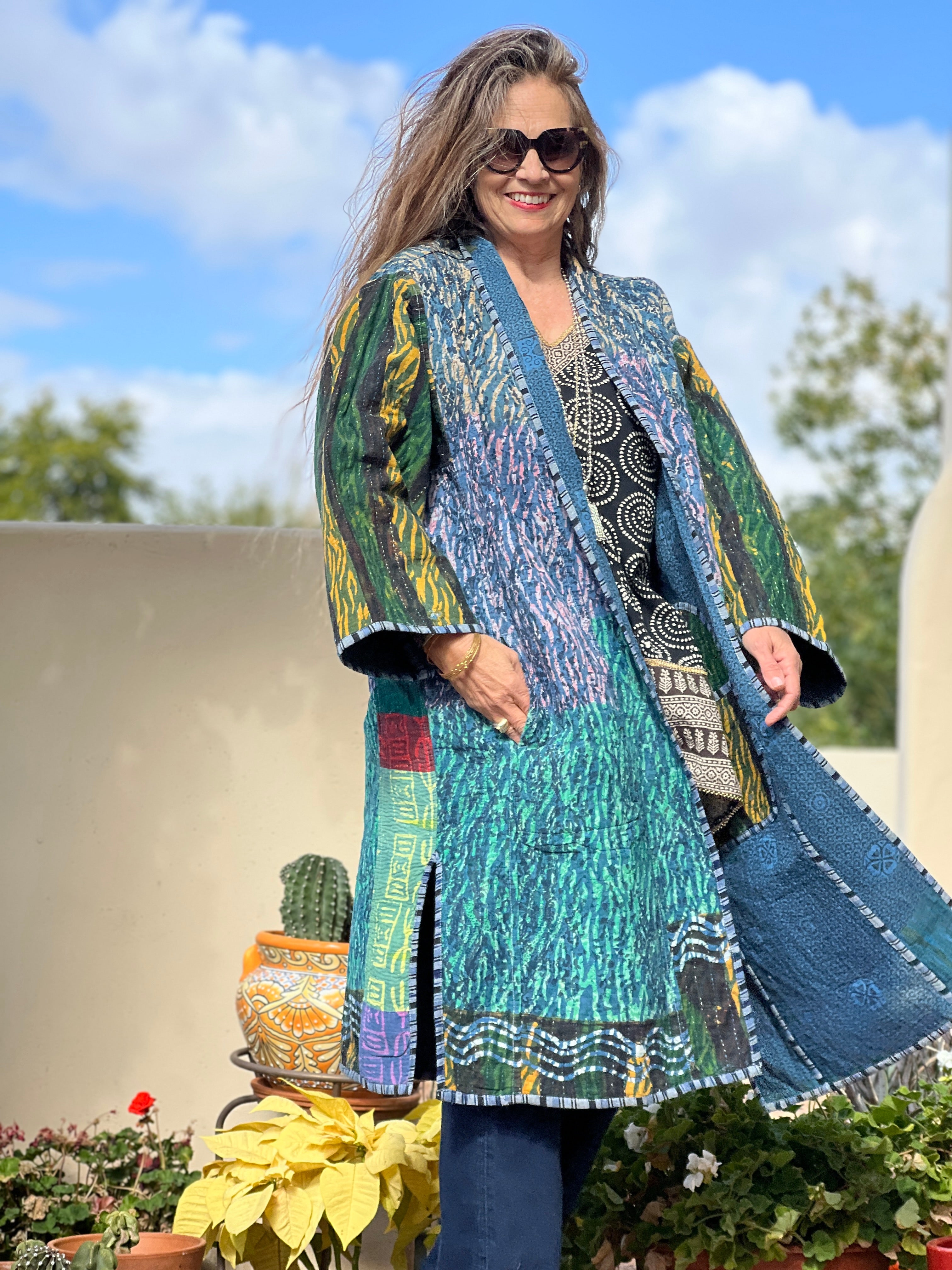 Elodea Indigo Cotton Vintage Quilted Kantha Coat ONE OF KIND