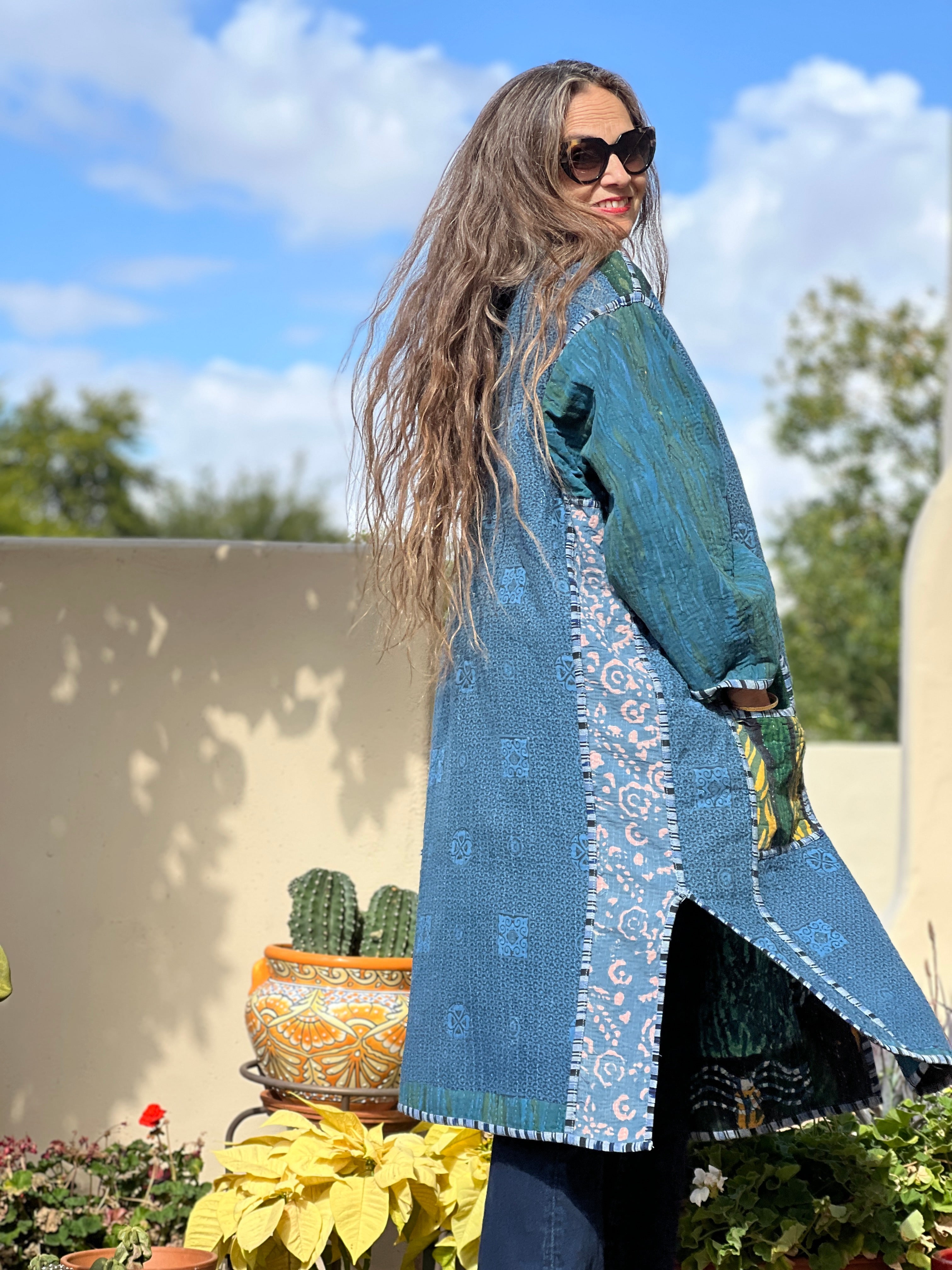 Elodea Indigo Cotton Vintage Quilted Kantha Coat ONE OF KIND