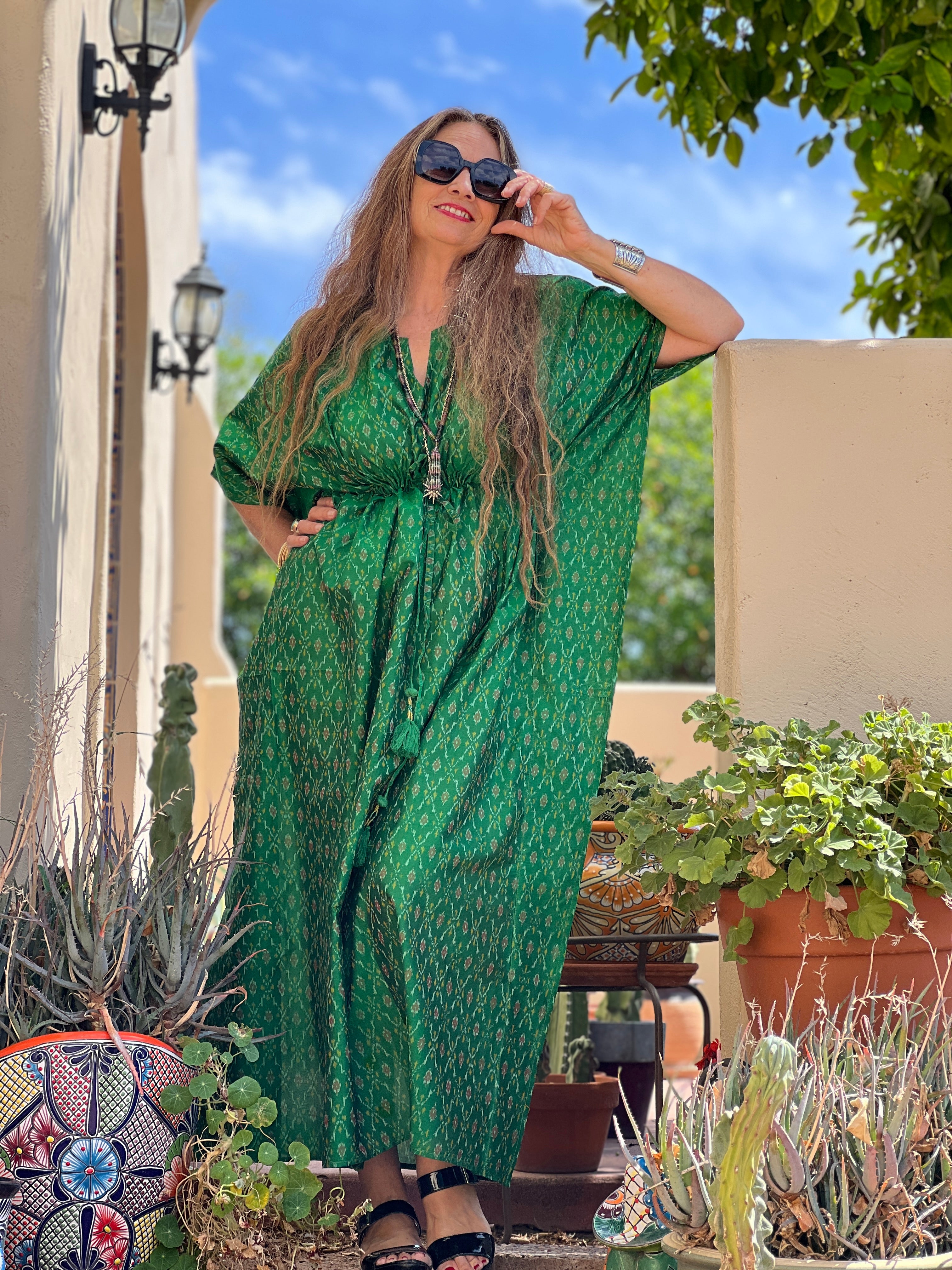 Govind Green Silk Cotton Ikat Maxi Kaftan Dress One of a Kind