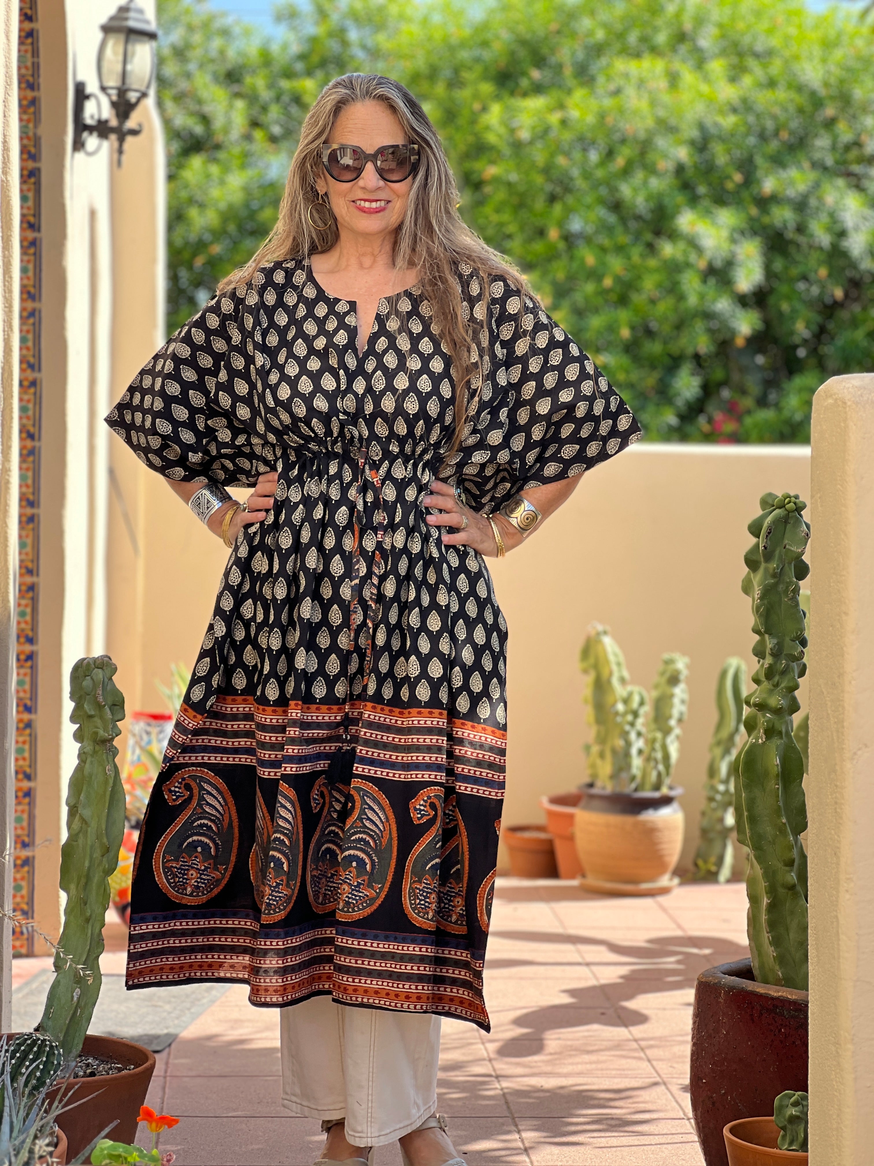 Black Pompeii Paisley Mid Calf Kaftan Dress