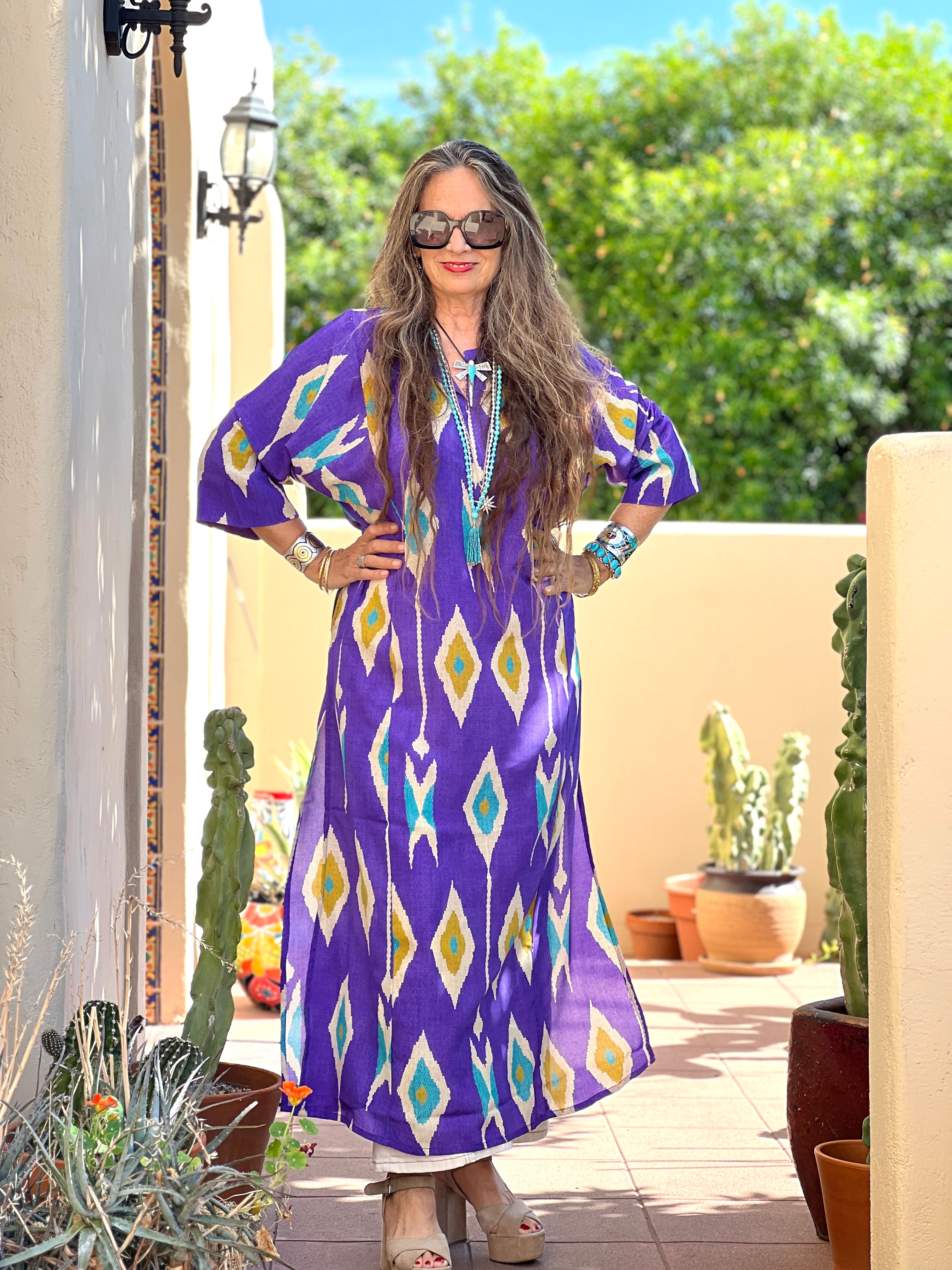 Tashkent Purple Ikat Italian Silk Long Tunic Dress