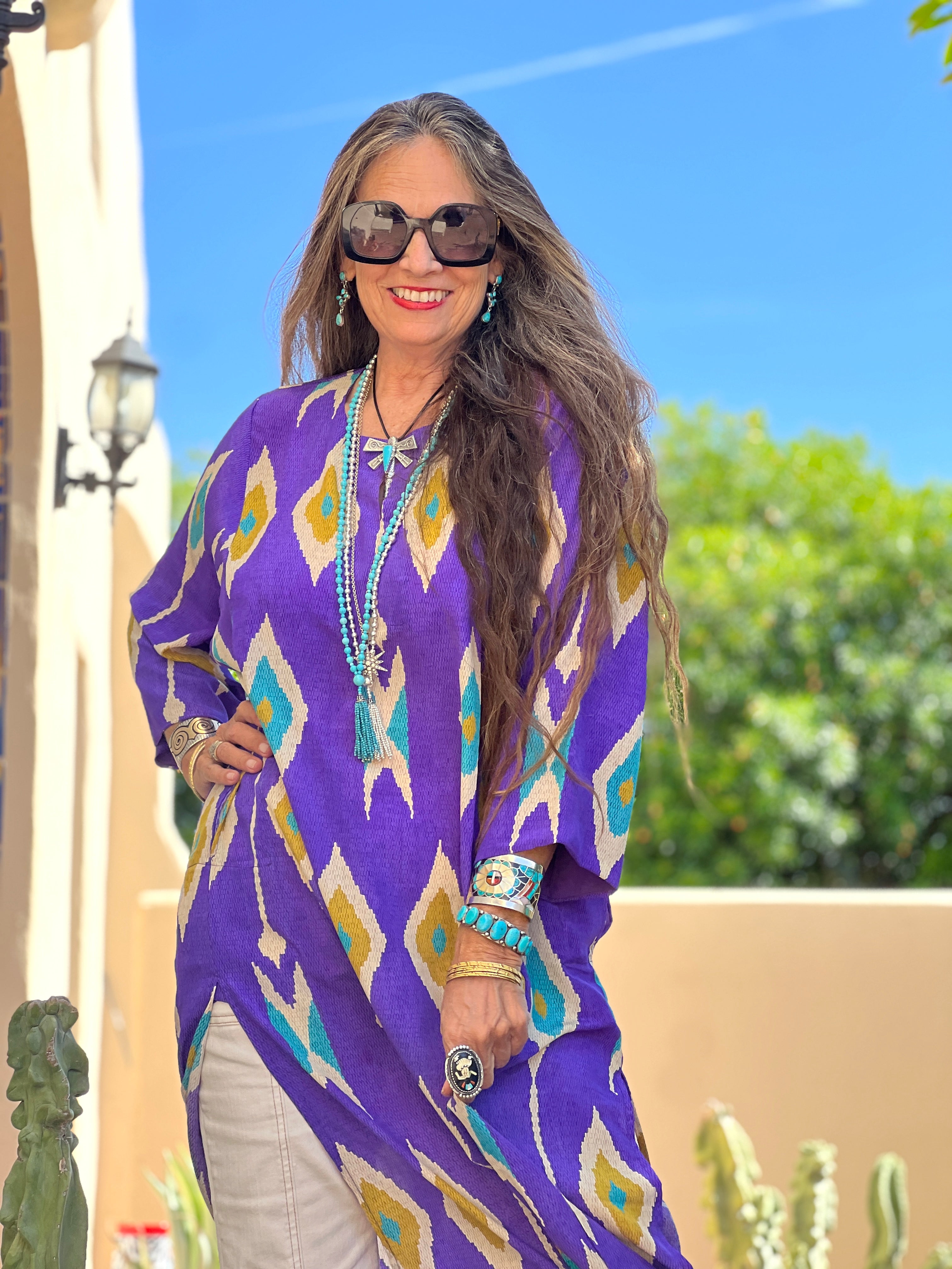 Tashkent Purple Ikat Italian Silk Long Tunic Dress