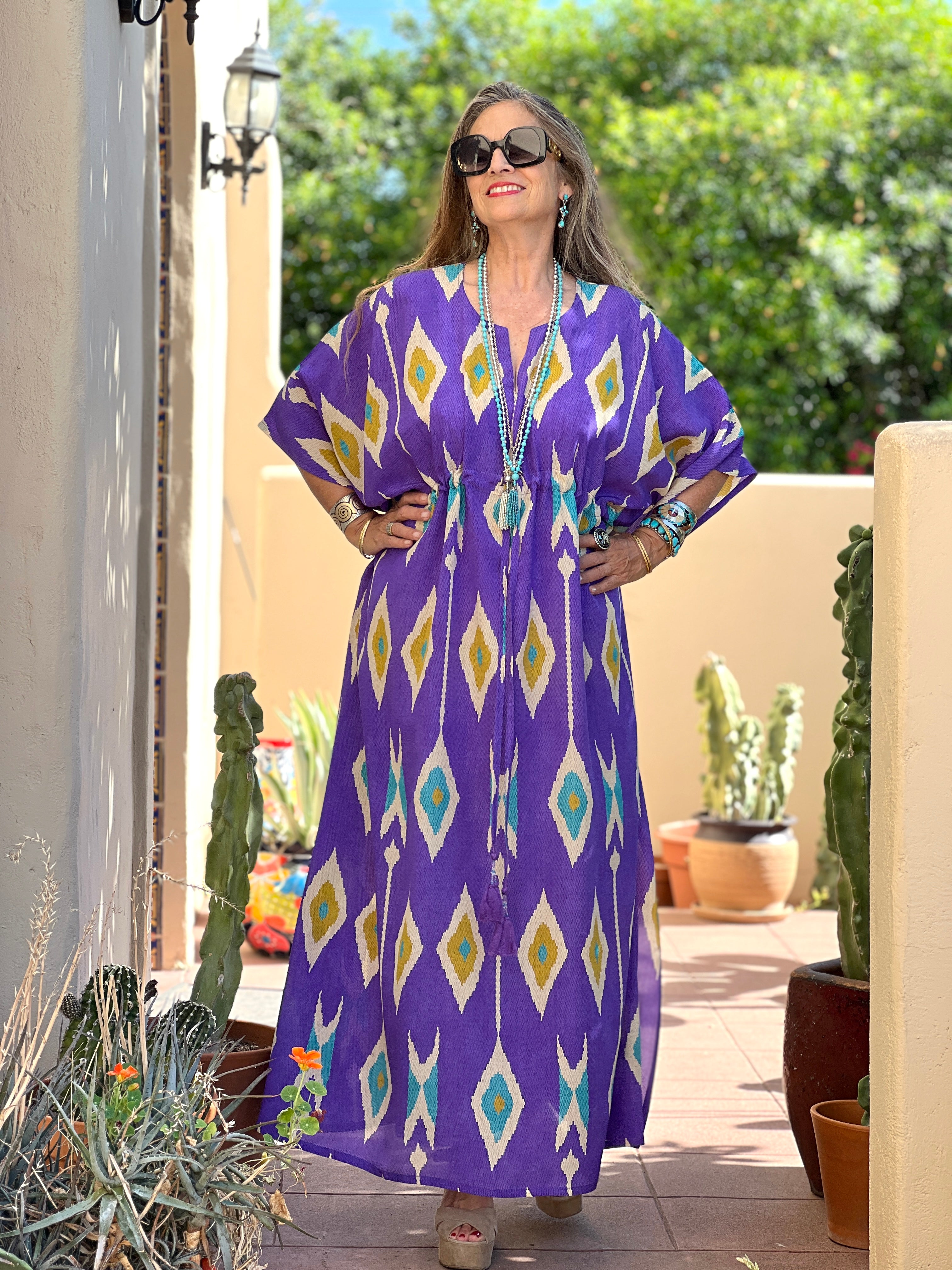 Tashkent Purple Ikat Italian Silk Maxi Kaftan