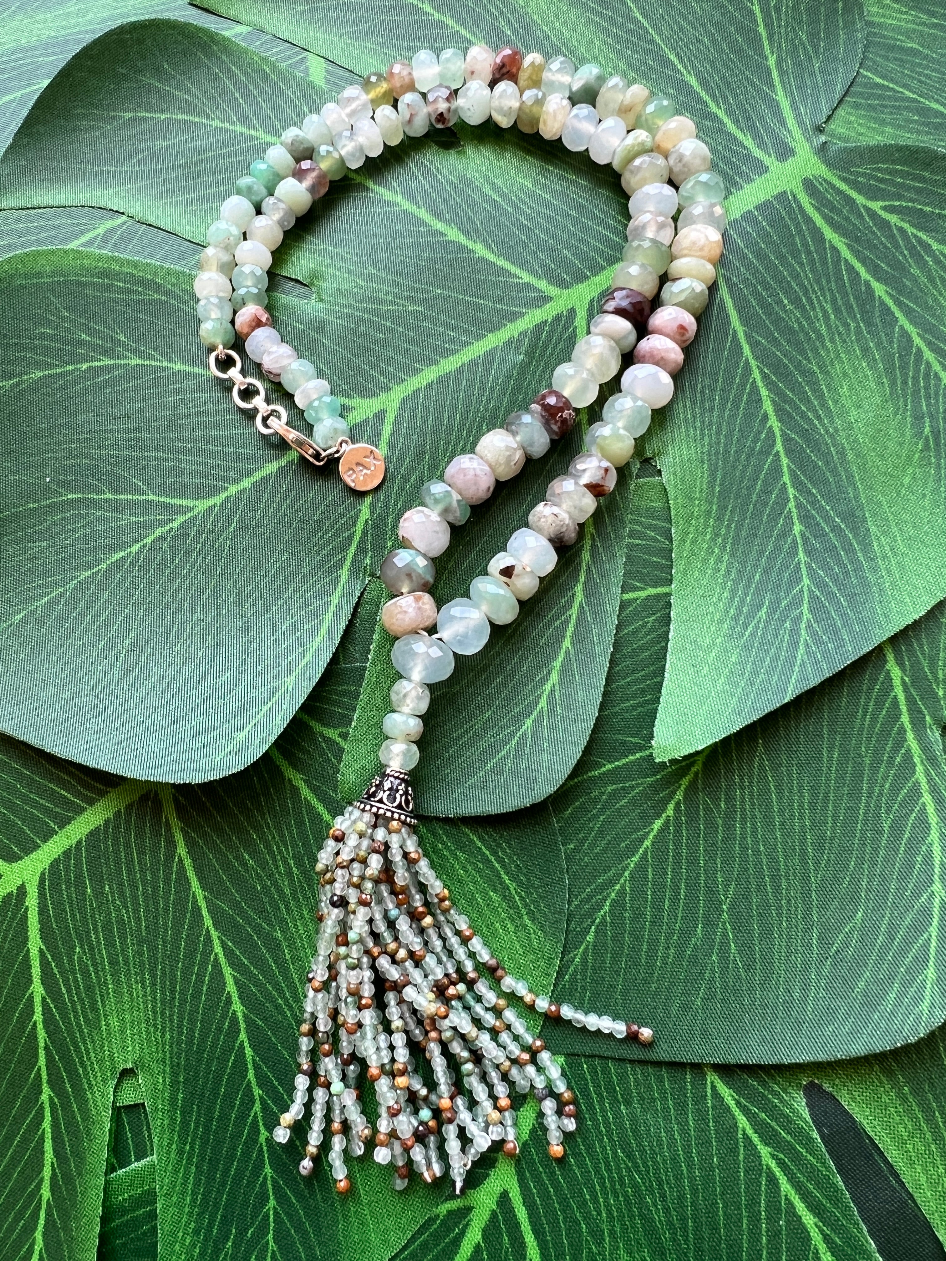 Faceted Aqua Chalcedony Tassel Mini Mala Necklace