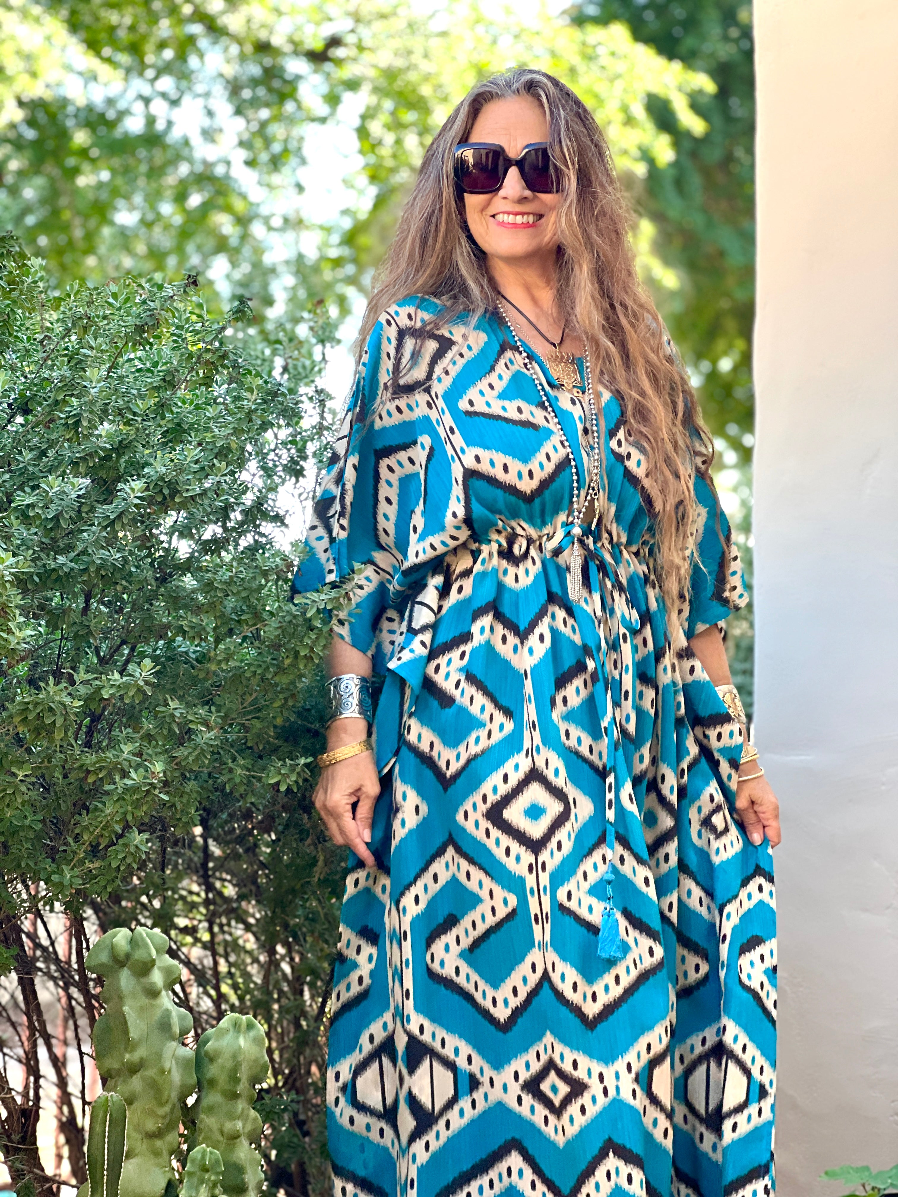 Bukhara Blue Ikat Maxi Kaftan Dress Italian Silk
