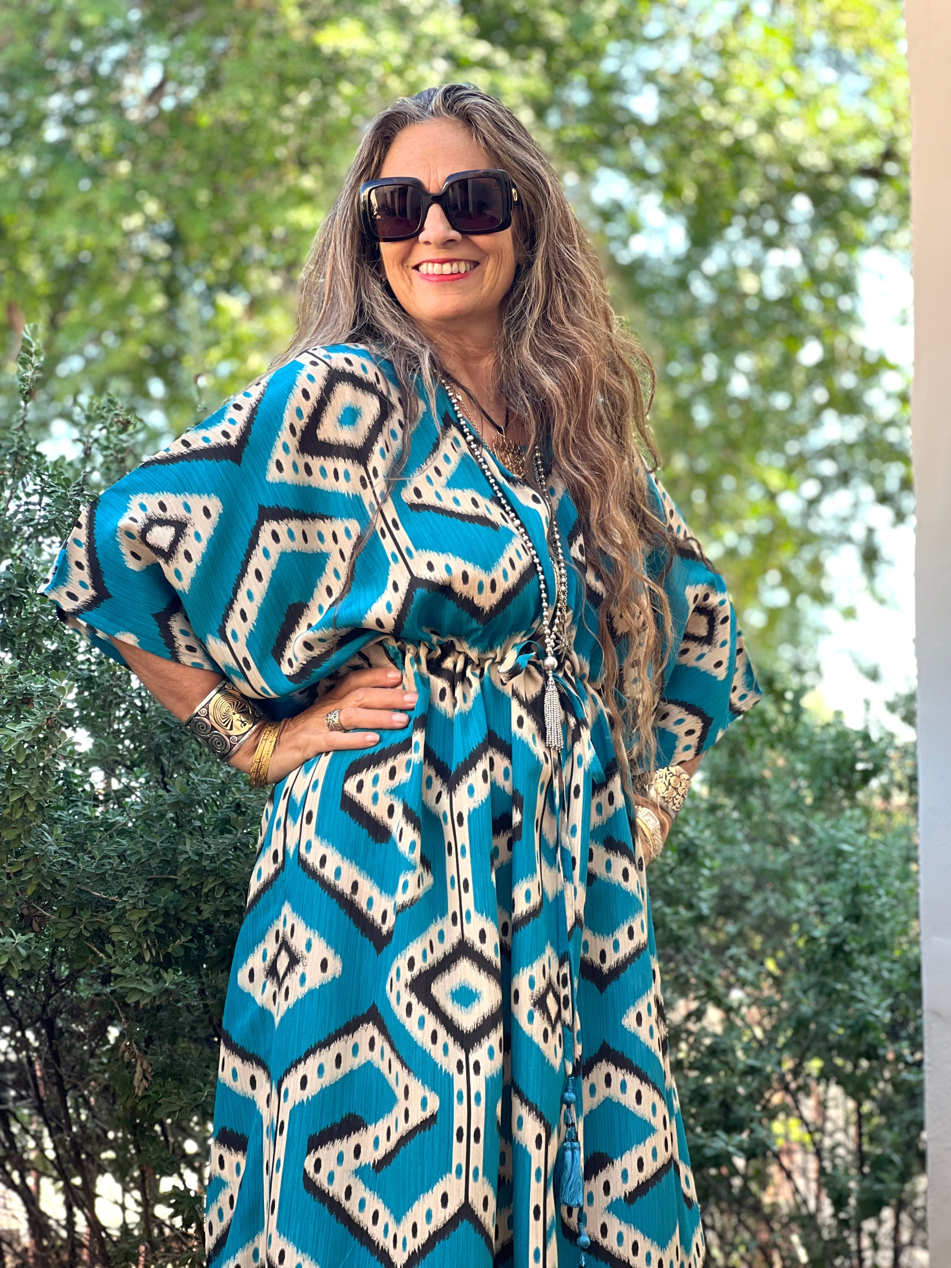 Bukhara Blue Ikat Maxi Kaftan Dress Italian Silk