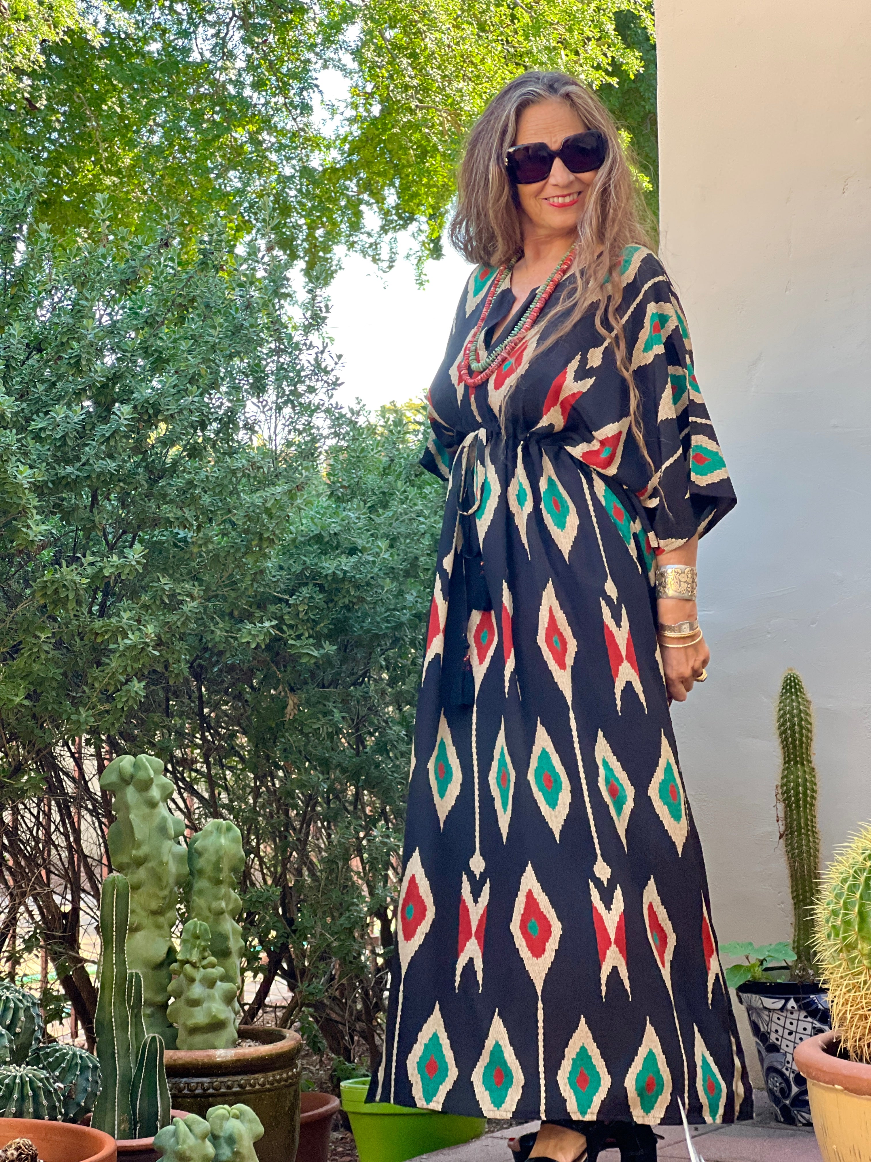Tashkent Black Ikat Italian Silk Maxi Kaftan