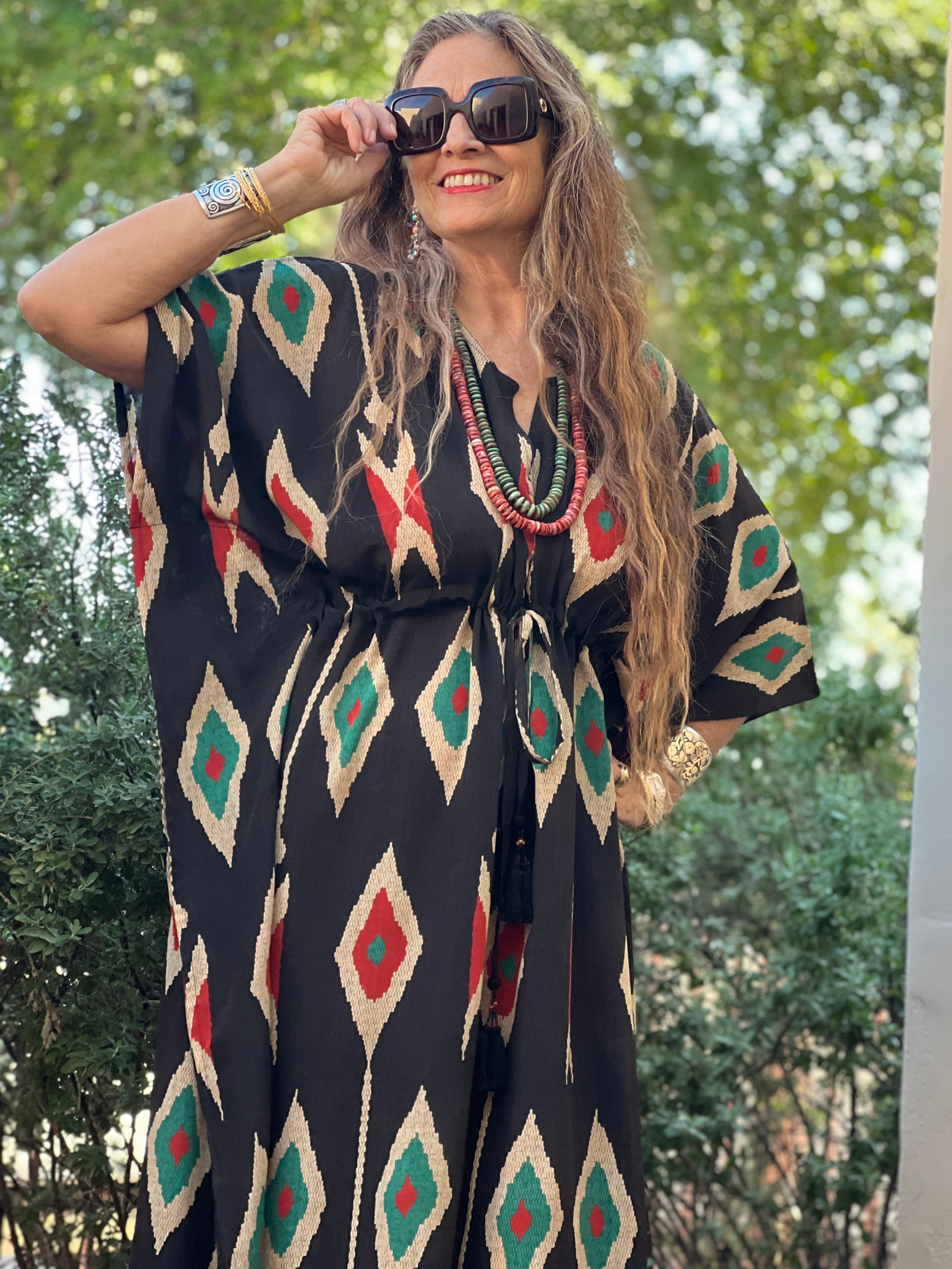 Tashkent Black Ikat Italian Silk Maxi Kaftan