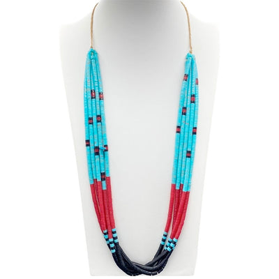 Turquoise, Coral and Black Jet Heishi Necklace