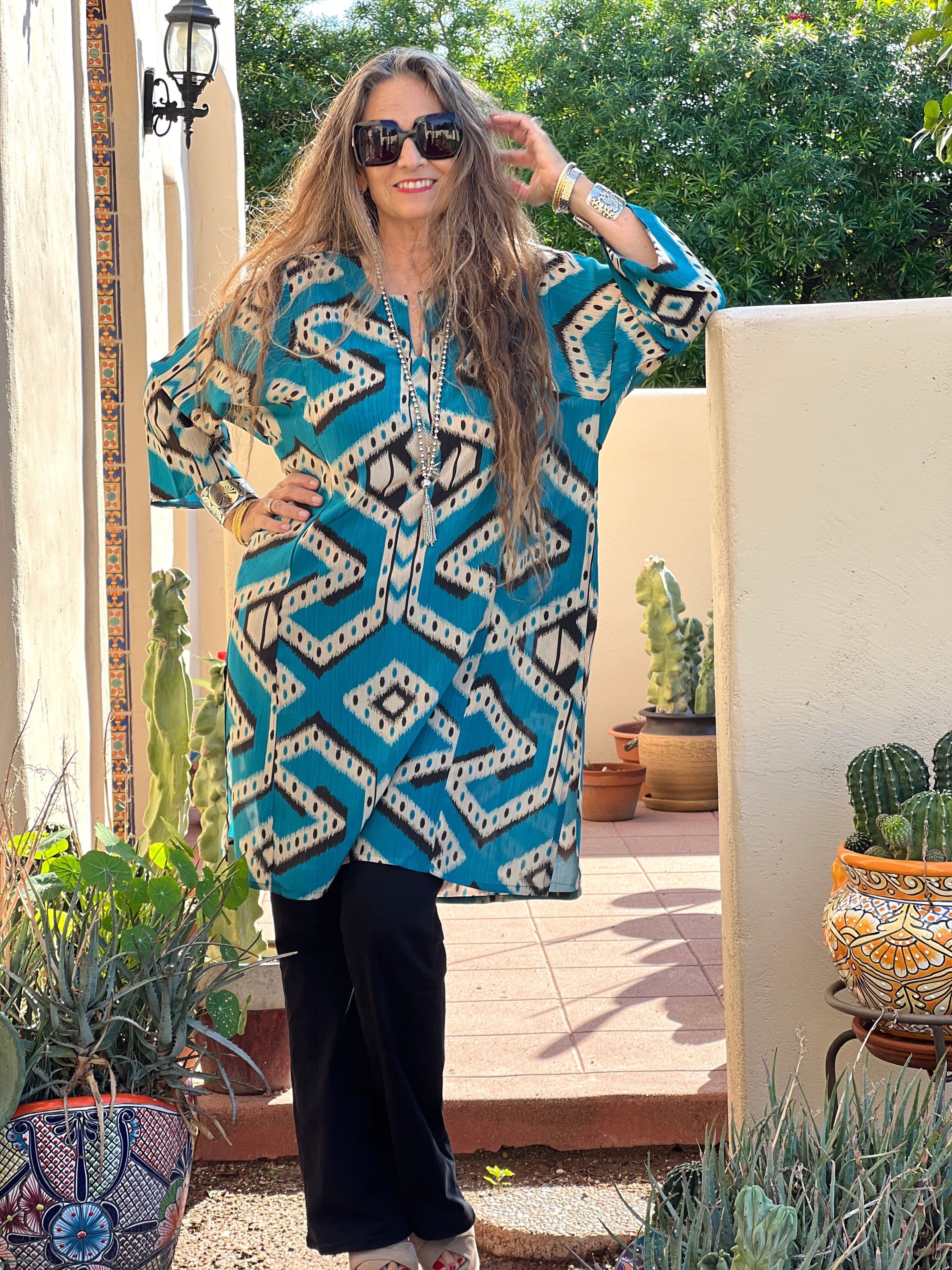 Bukhara Blue Ikat Italian Silk Tunic