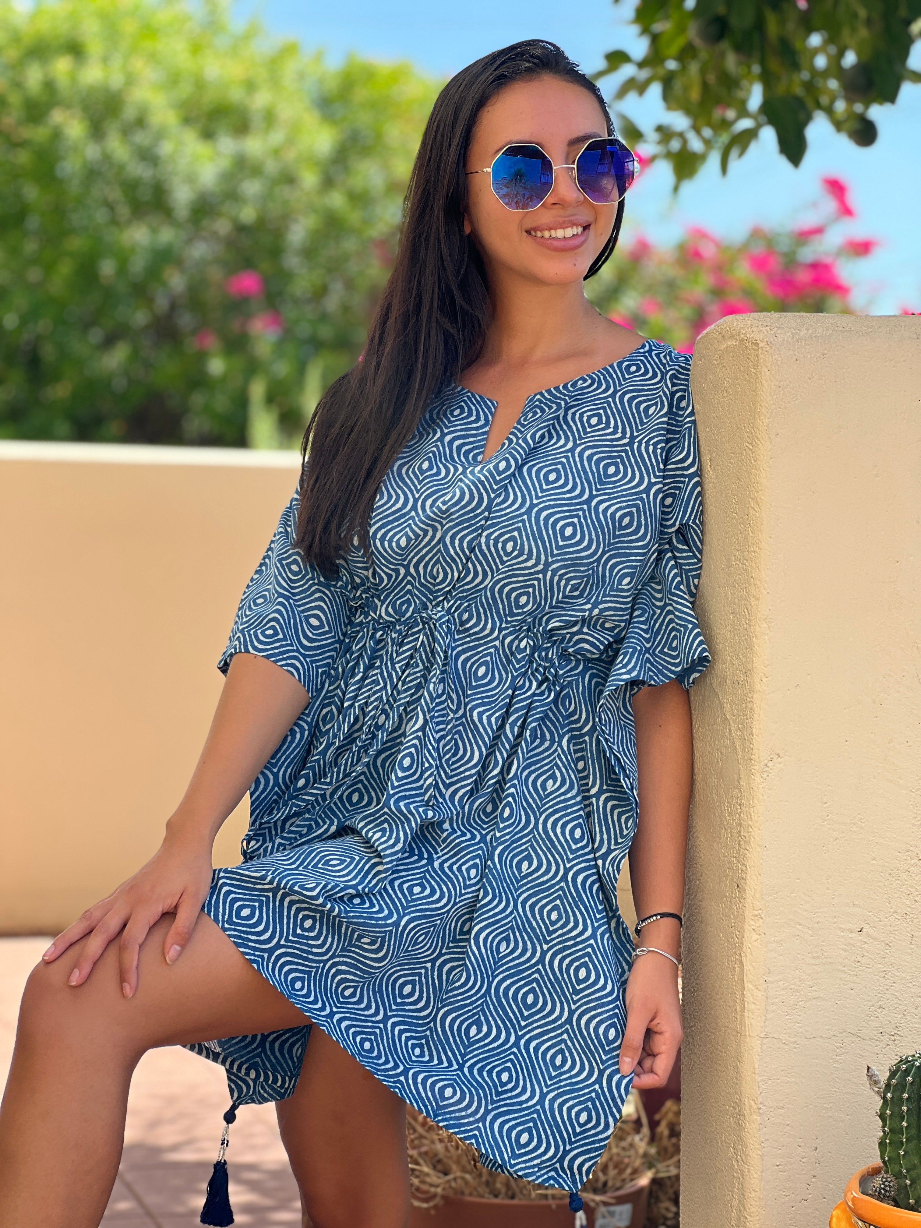 Venezia Ogee Indigo Short Kaftan Dress