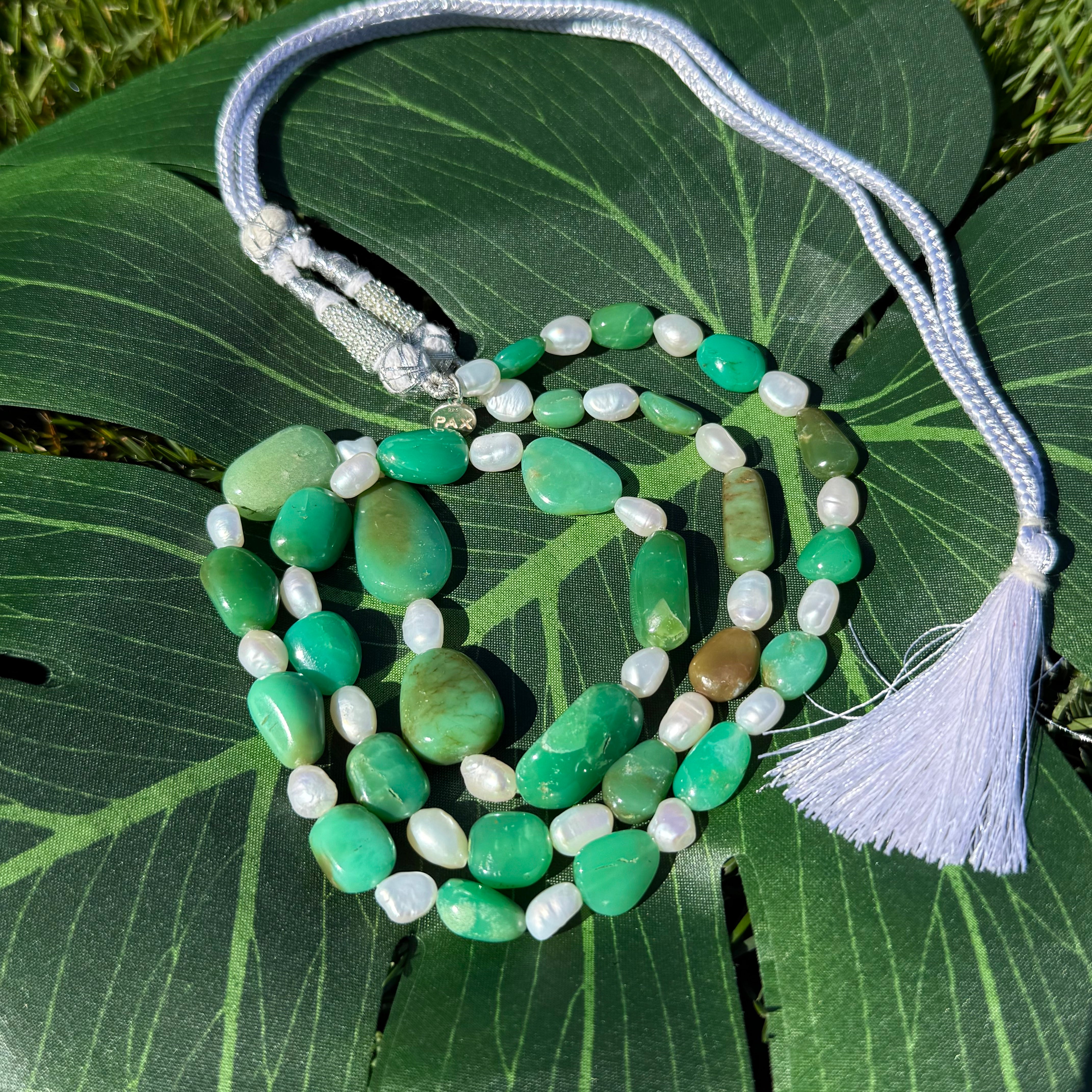 Rare Chrysoprase Nugget and Pearl Necklace