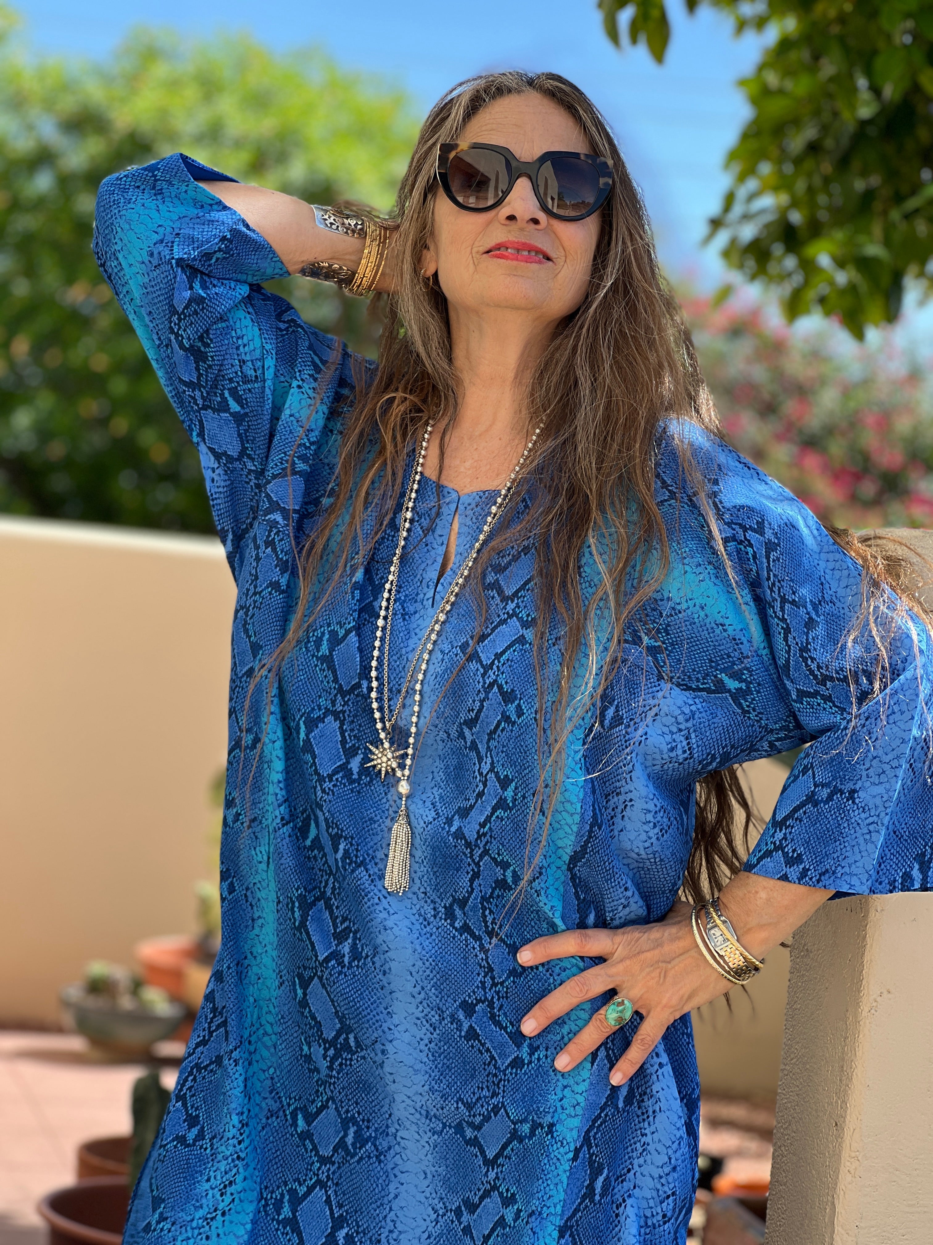 Cobalt Blue Serpente Italian Silk Long Tunic