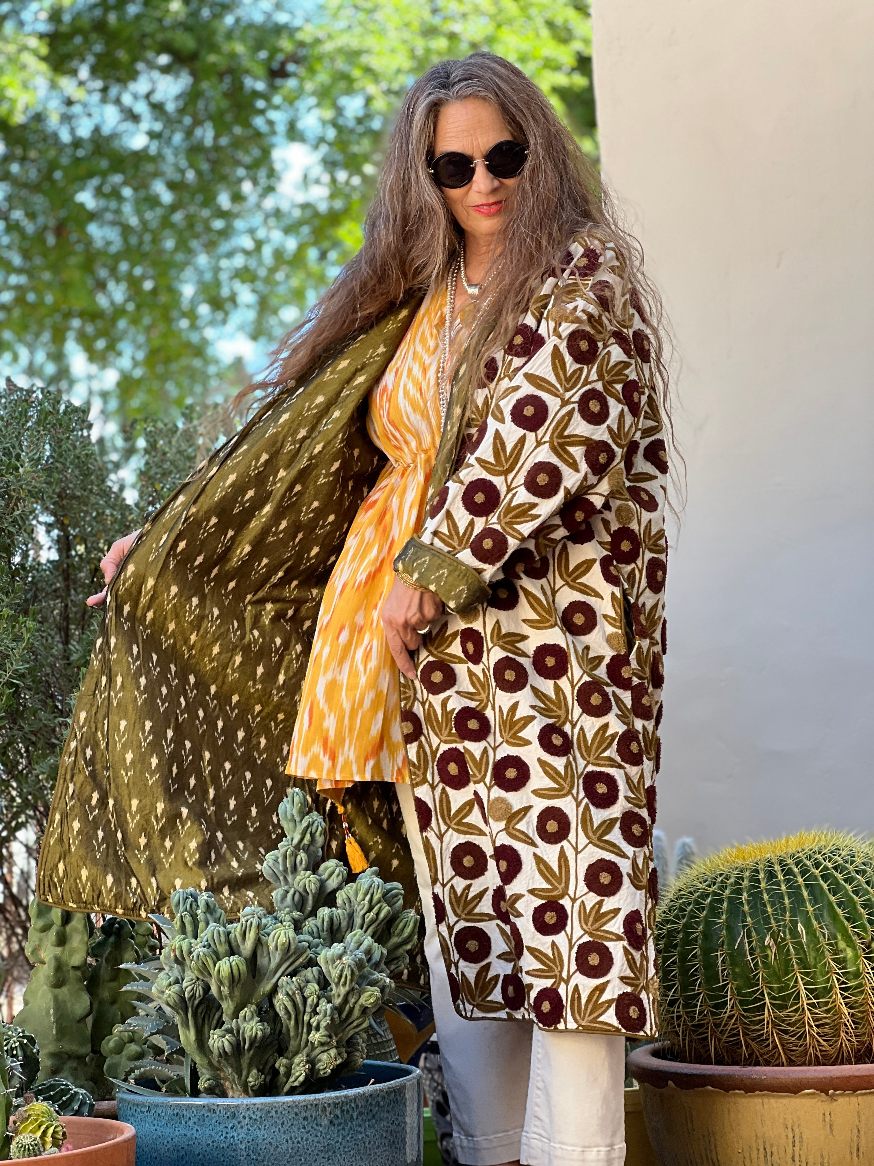 Surat Mocha Floral Crewel Coat One of a Kind