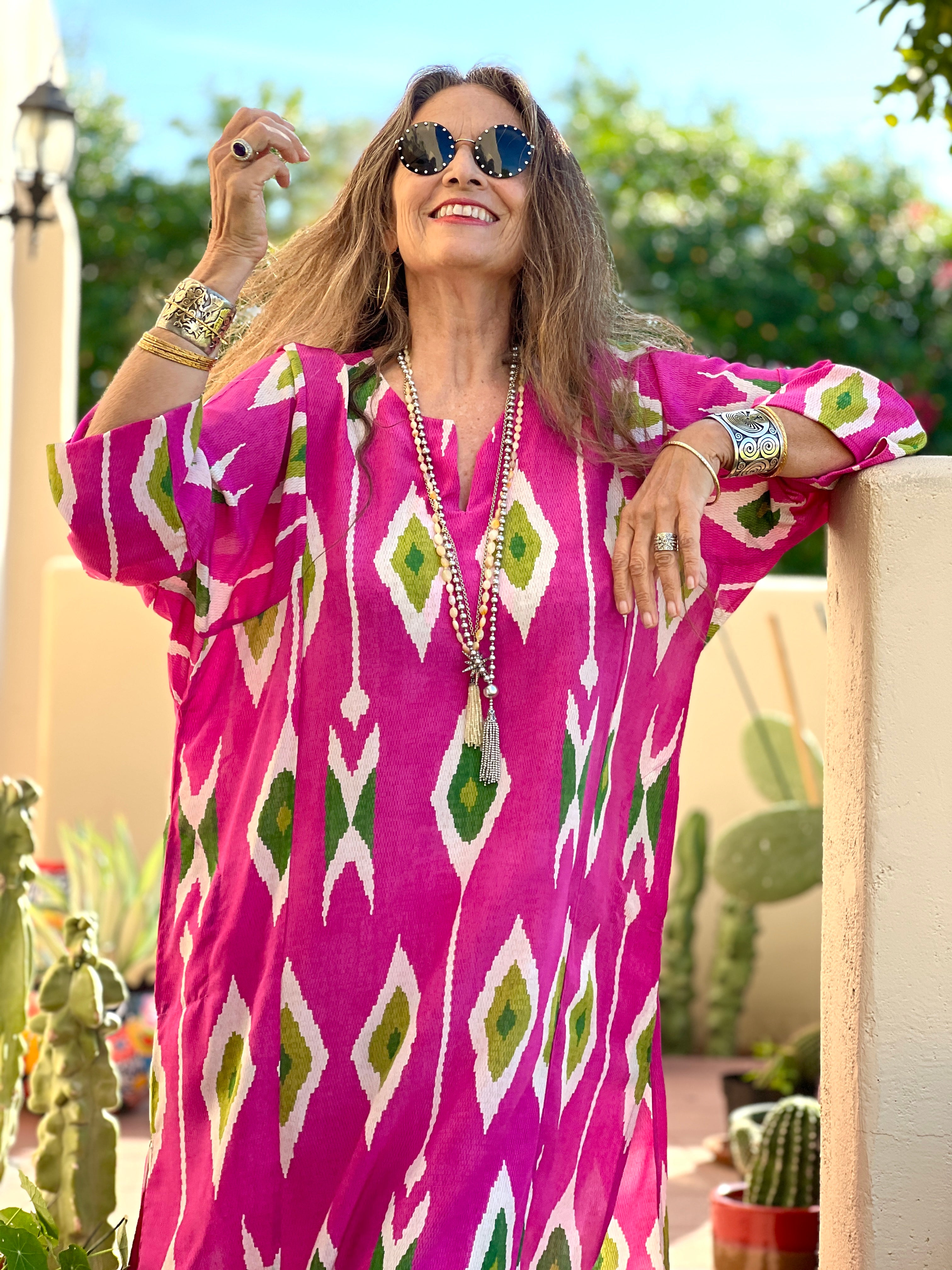 Tashkent Fuchsia Ikat Italian Silk Long Tunic