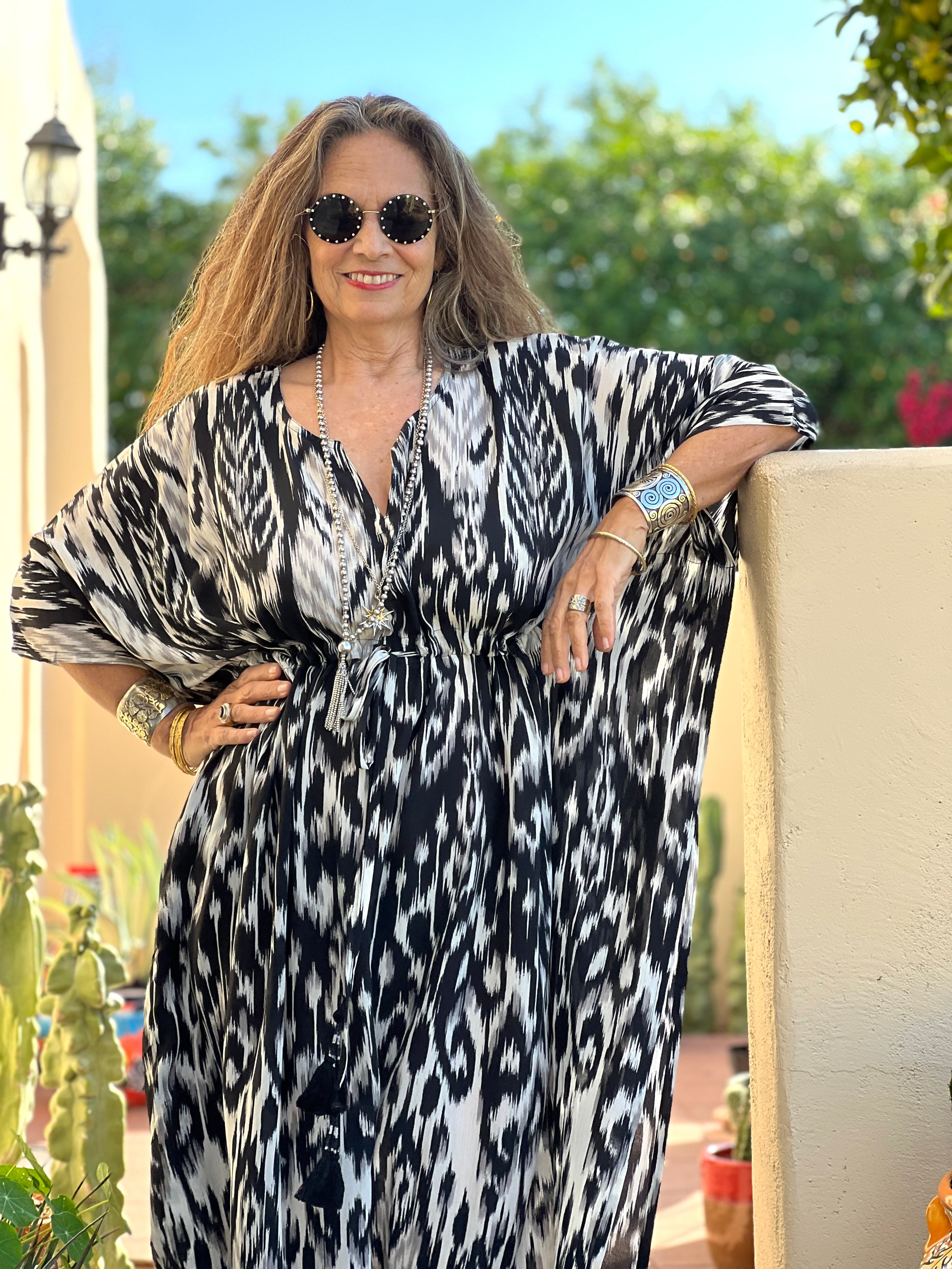 Fergana Black Ikat Italian Silk Maxi Dress