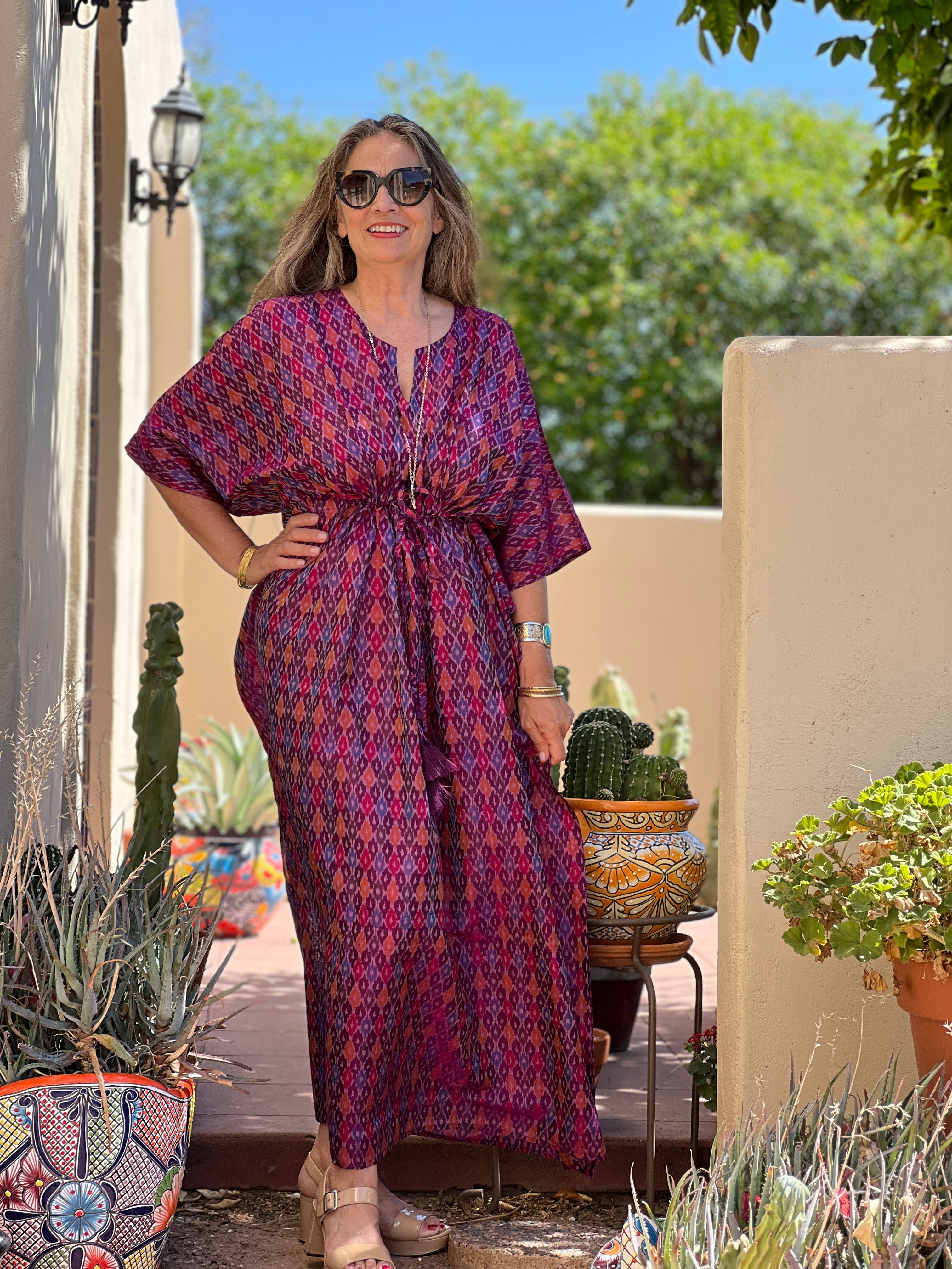 Pari Pink Silk Cotton Ikat Maxi Kaftan Dress One of a Kind