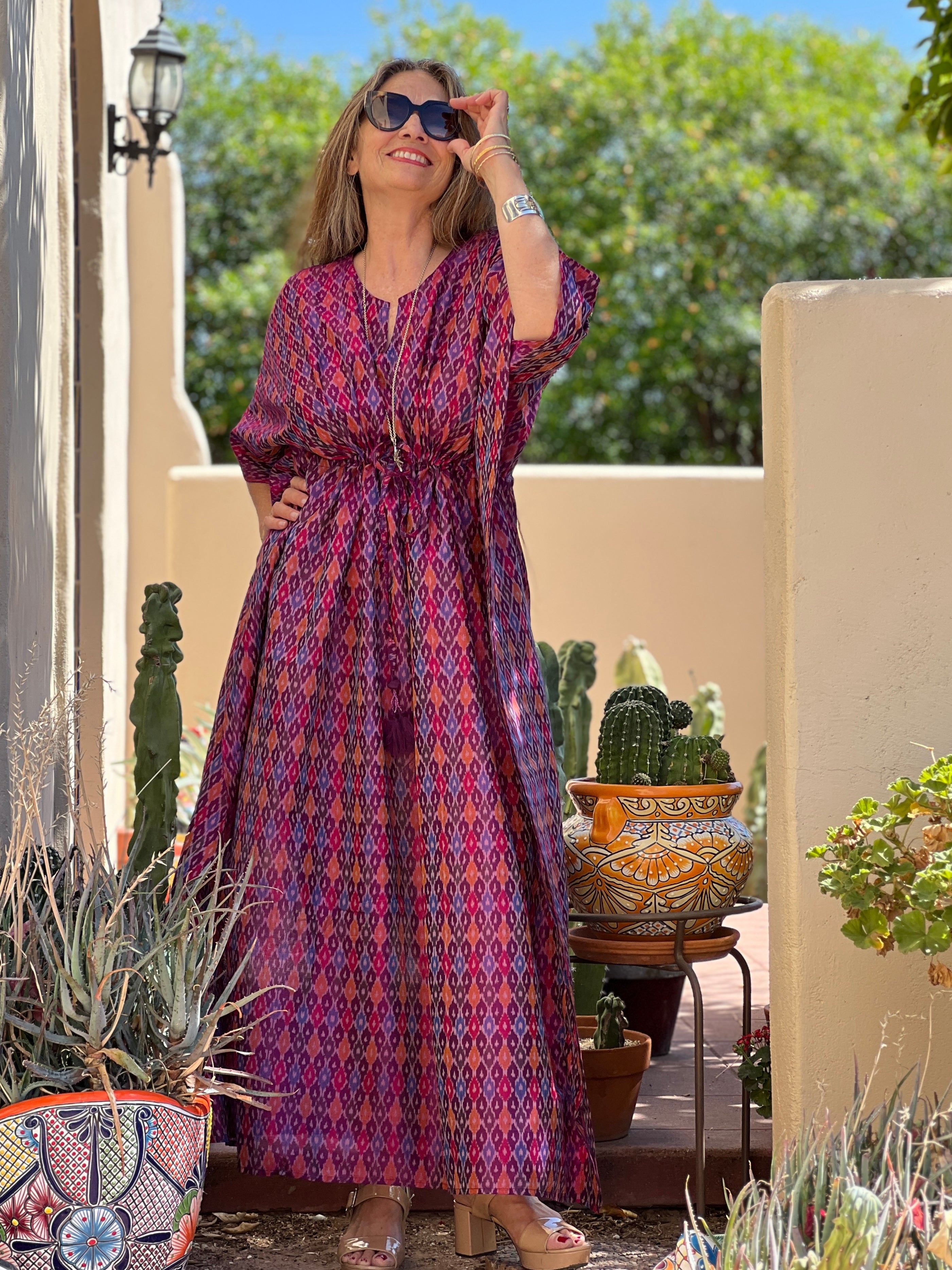 Pari Pink Silk Cotton Ikat Maxi Kaftan Dress One of a Kind
