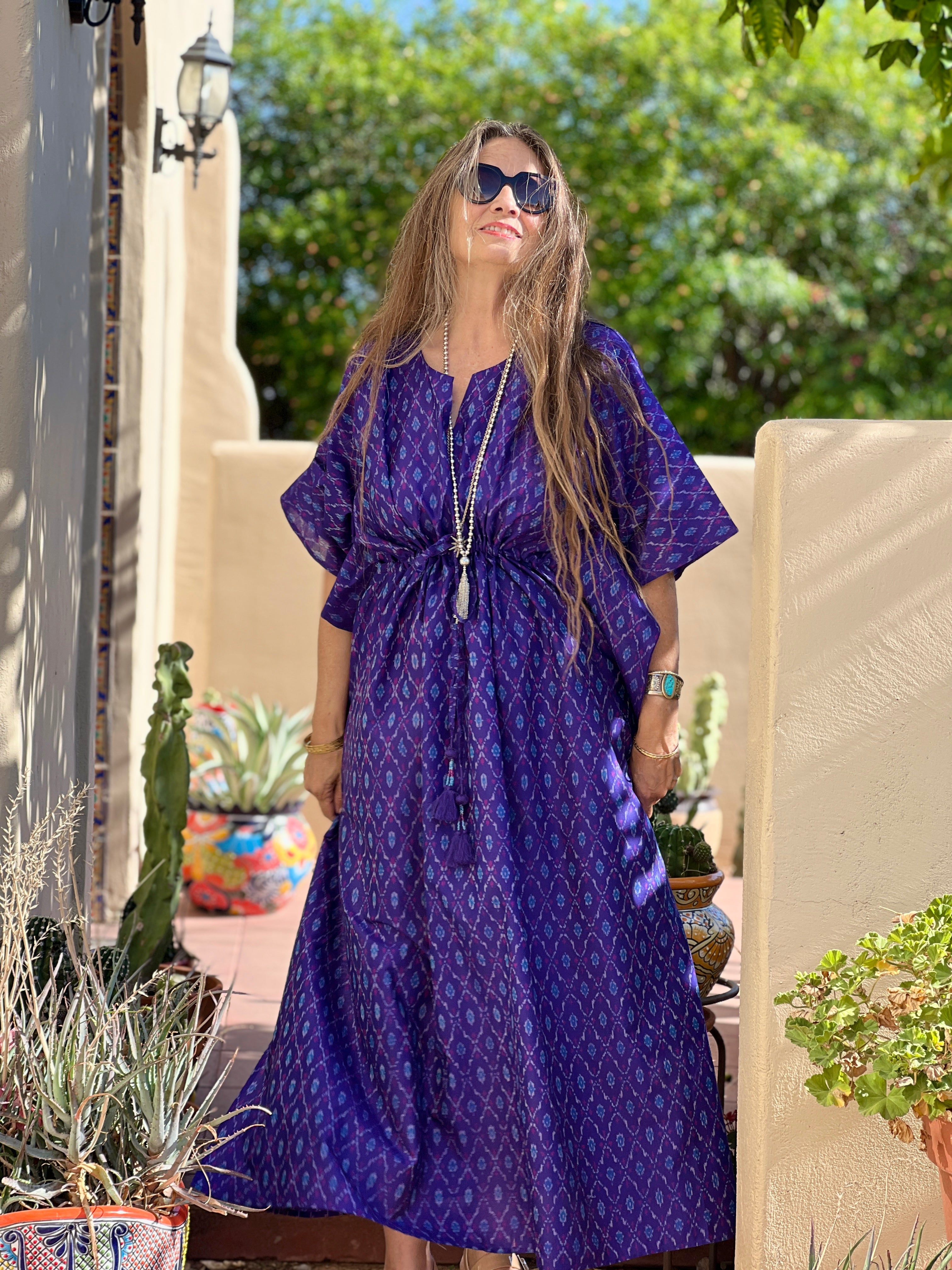 Tarini purple silk cotton ikat maxi kaftan dress Only One Available