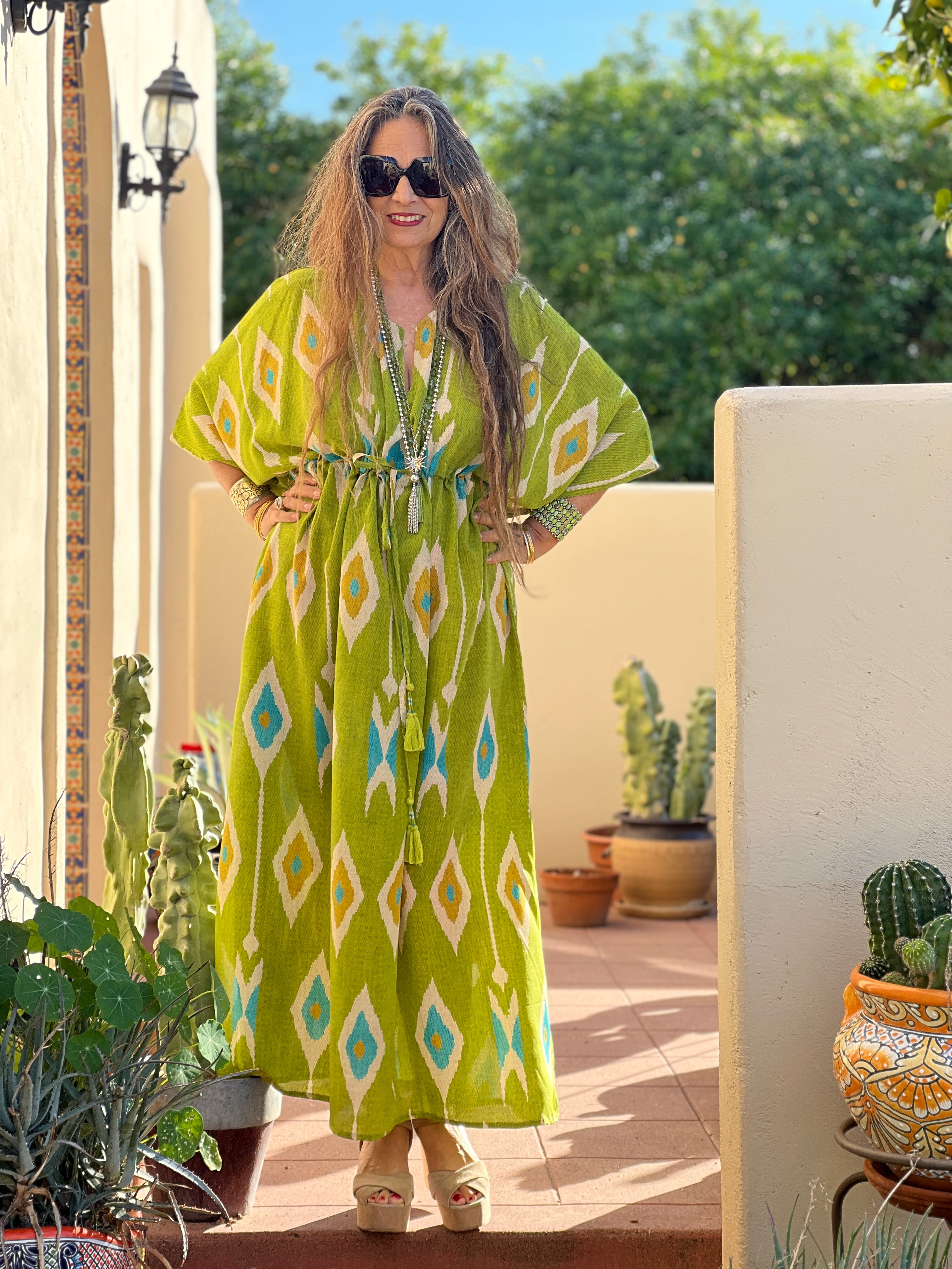 Tashkent Lime Green Ikat Italian Silk Maxi Kaftan