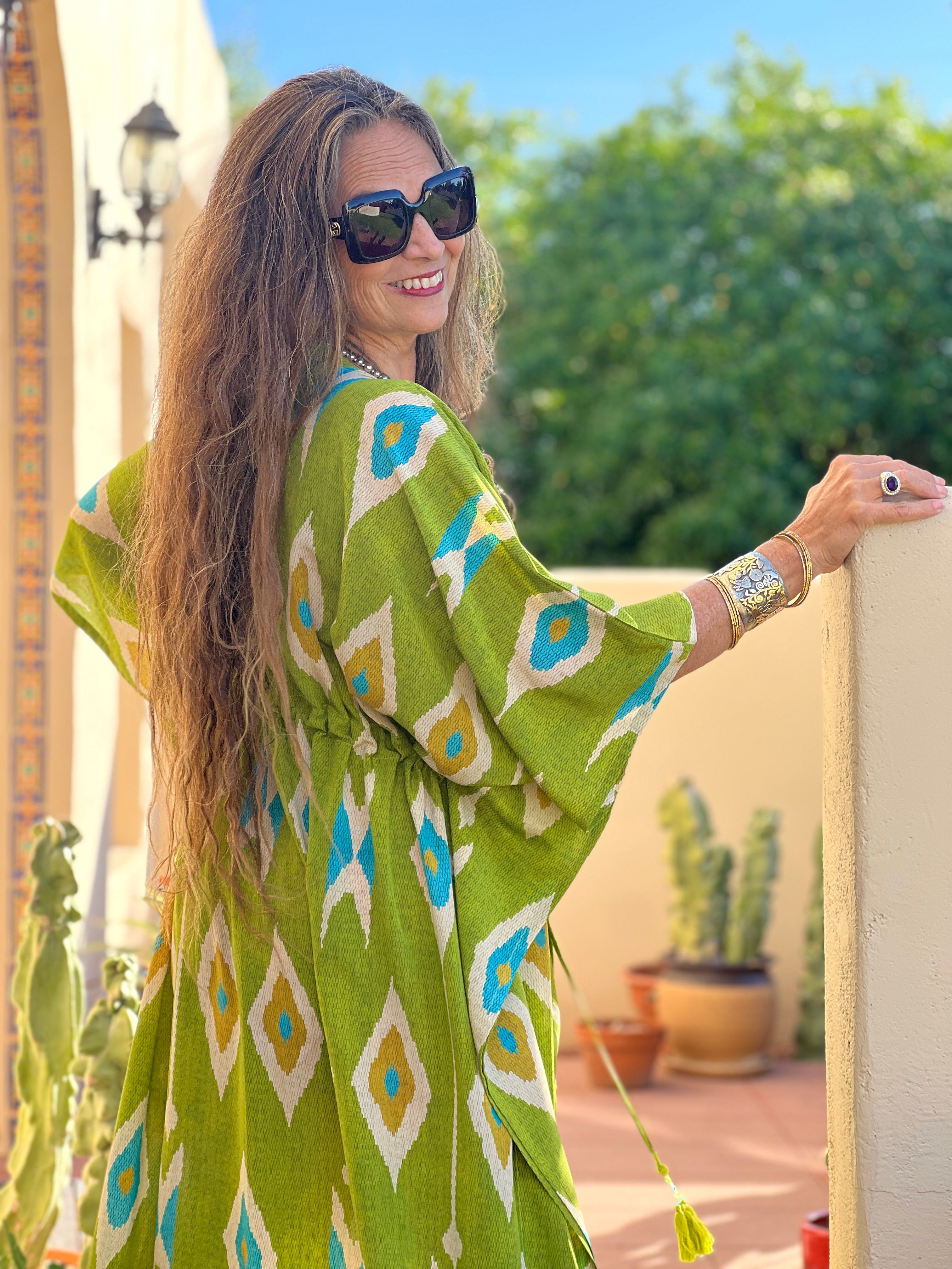 Tashkent Lime Green Ikat Italian Silk Maxi Kaftan