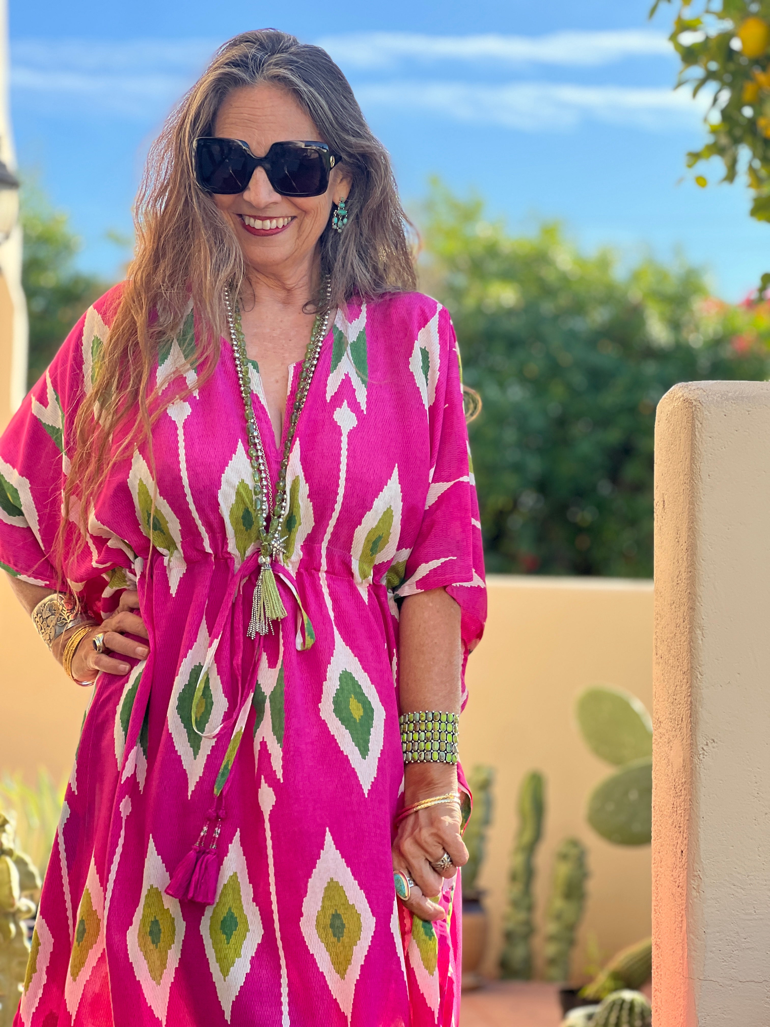 Tashkent Fuchsia Ikat Italian Silk Maxi Kaftan