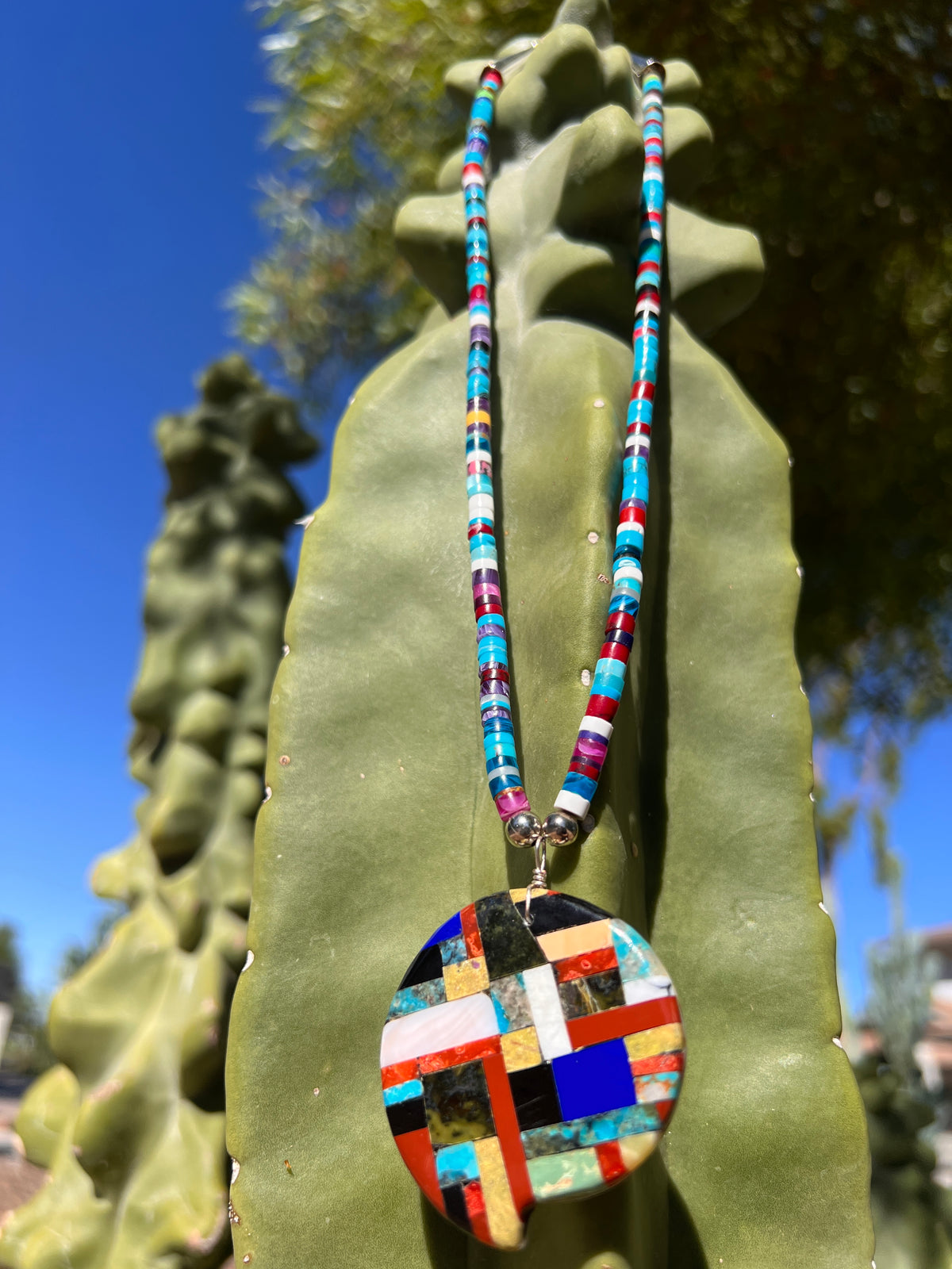Mosaic Inlay Turquoise Multi Stone Pendant Necklace Santo Domingo