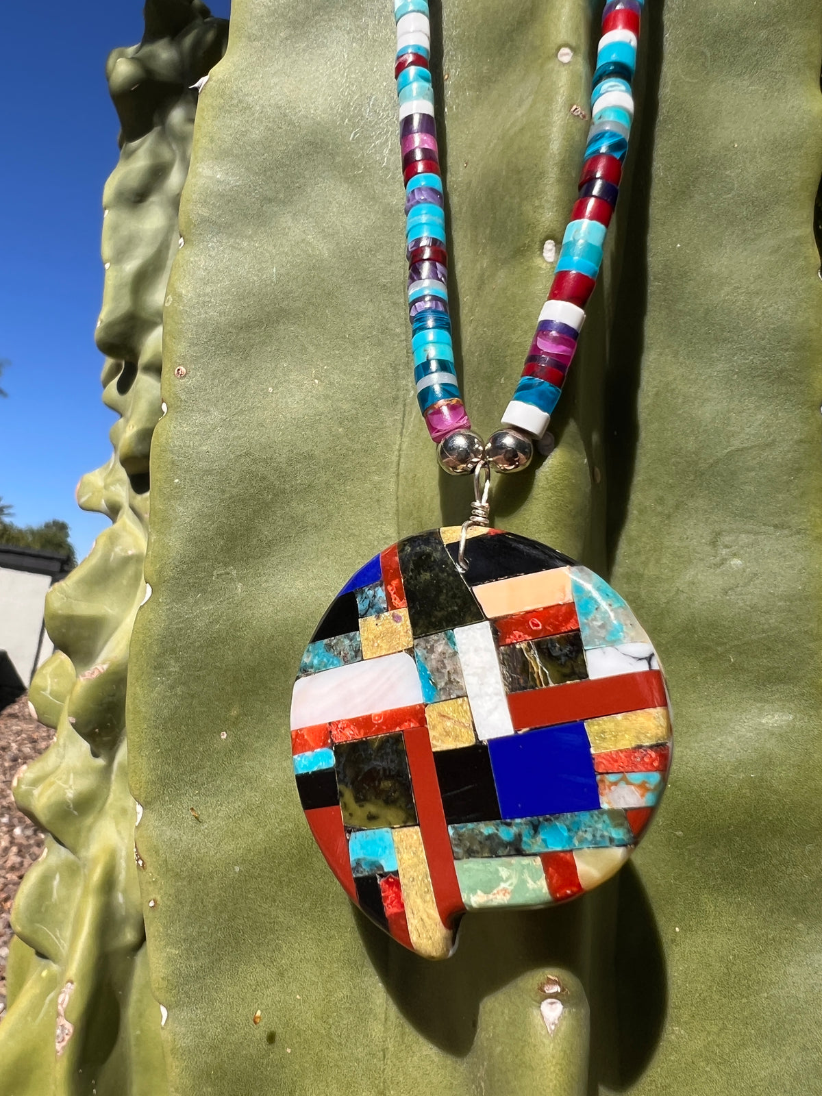 Mosaic Inlay Turquoise Multi Stone Pendant Necklace Santo Domingo
