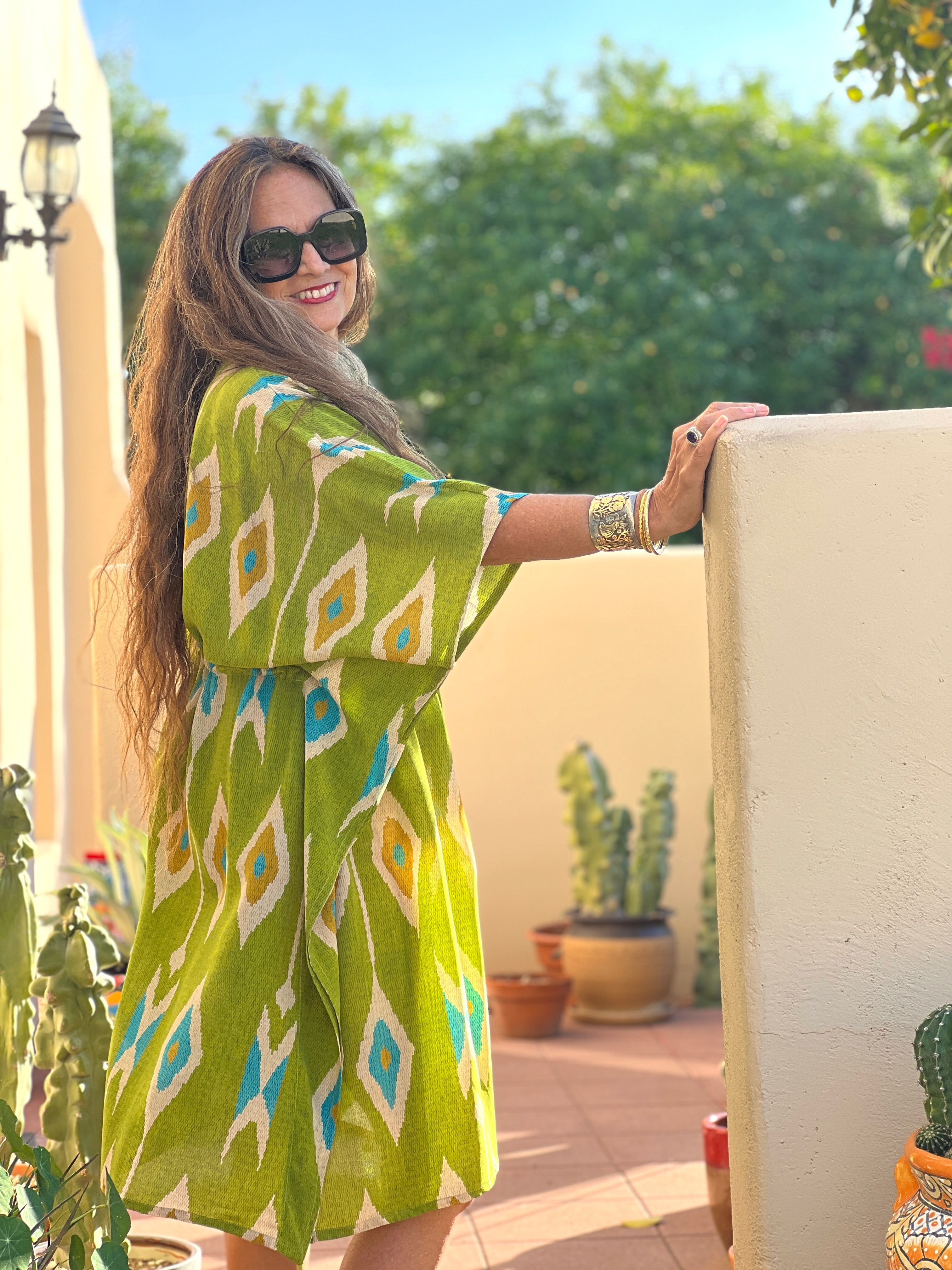 Tashkent Lime Green Ikat Italian Silk Midi Kaftan