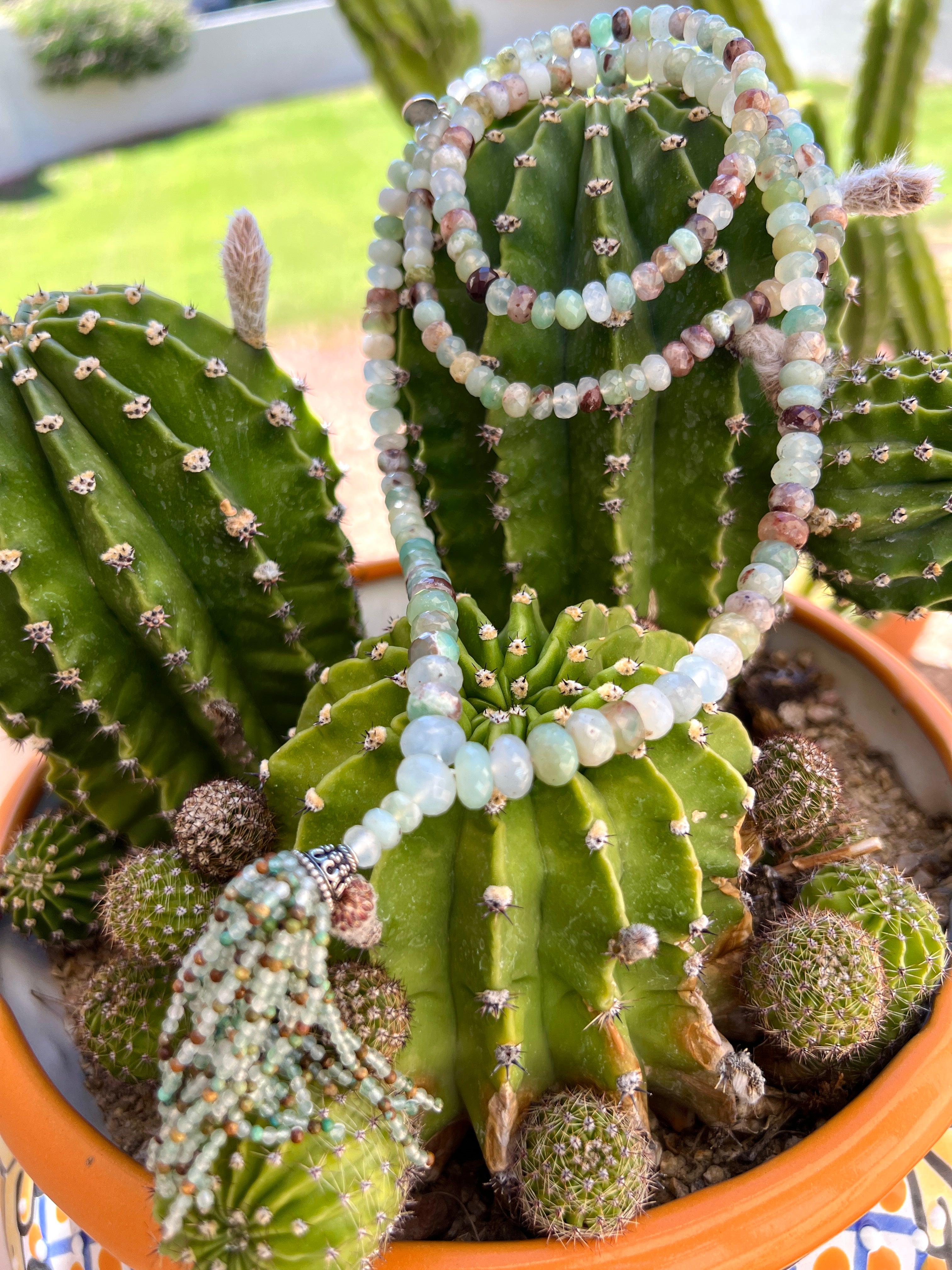 Aqua Chalcedony Faceted Tassel Mala Necklace