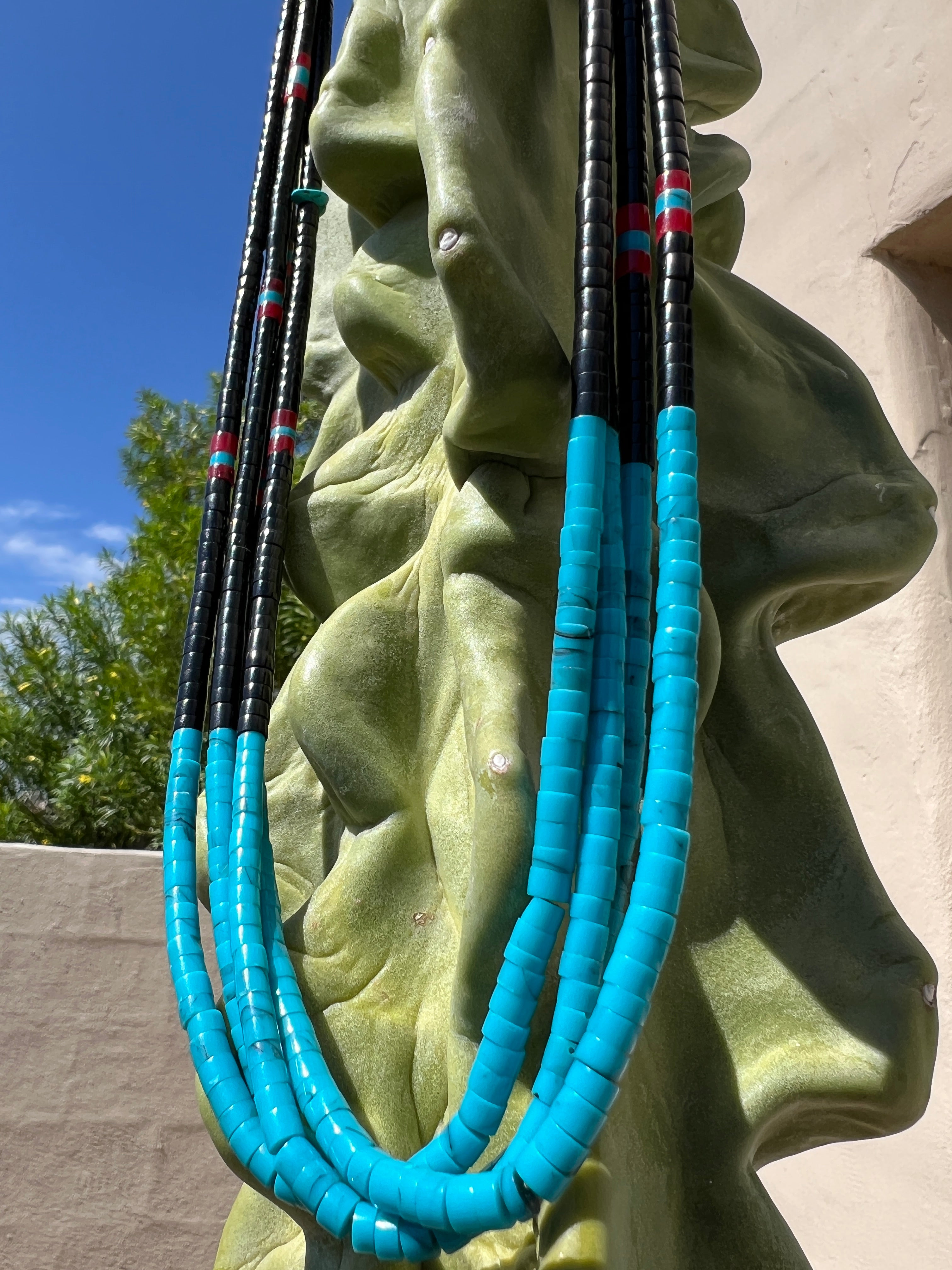 Black Jet, Turquoise, and Coral Four Strand Necklace Santo Domingo