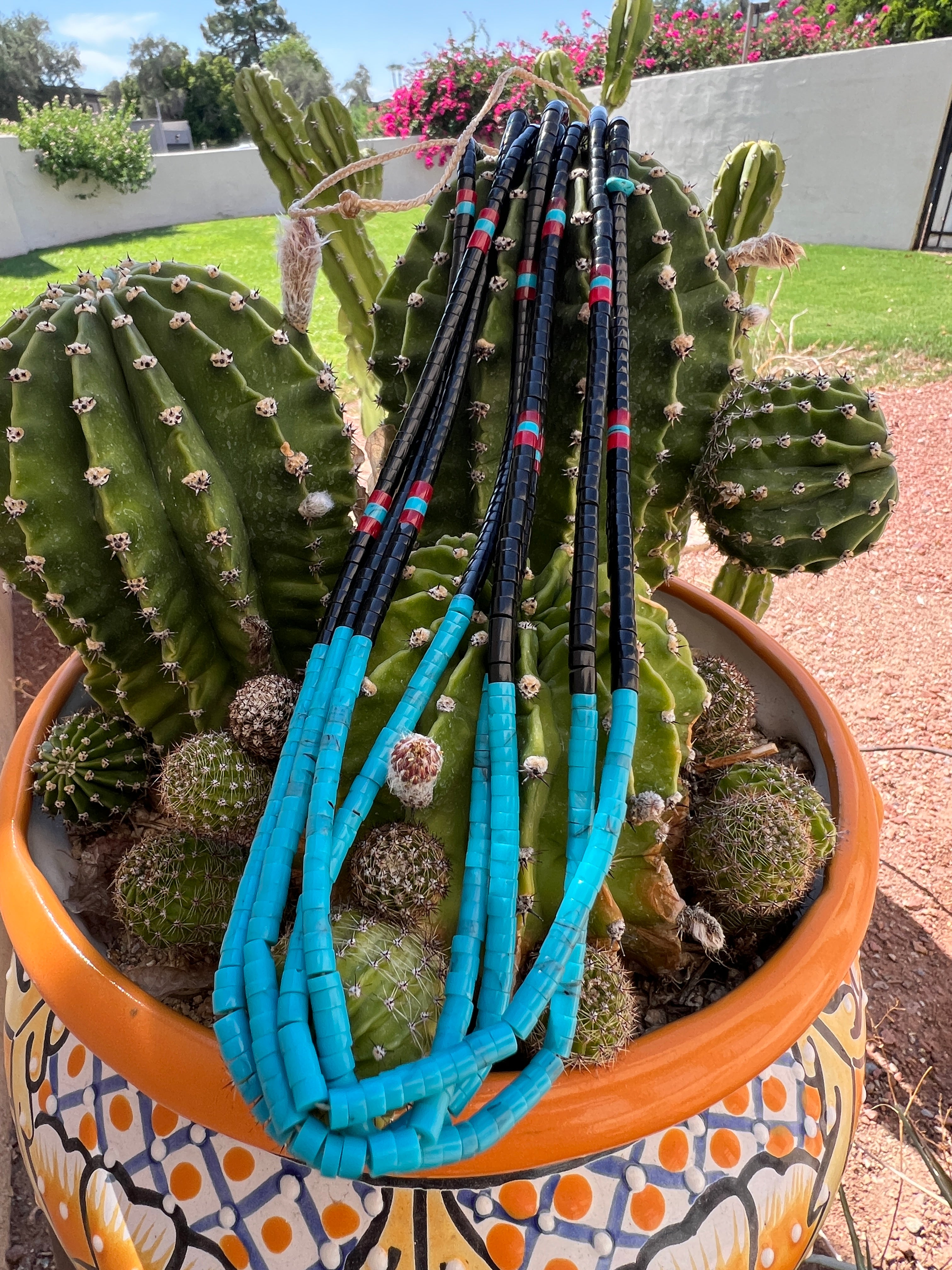 Black Jet, Turquoise, and Coral Four Strand Necklace Santo Domingo