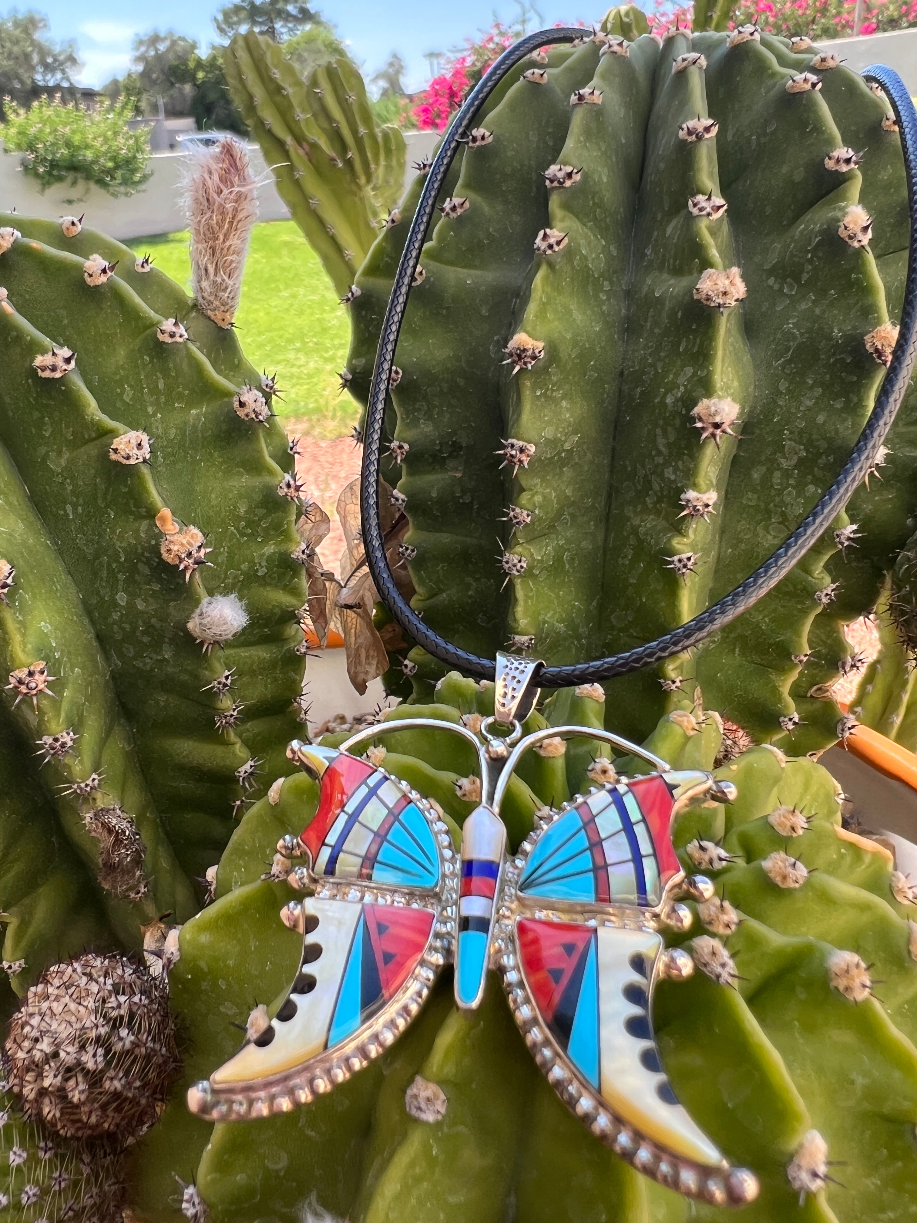 Vintage Zuni Inlay Butterfly Pendant Sterling Silver, Turquoise, Coral, MOP