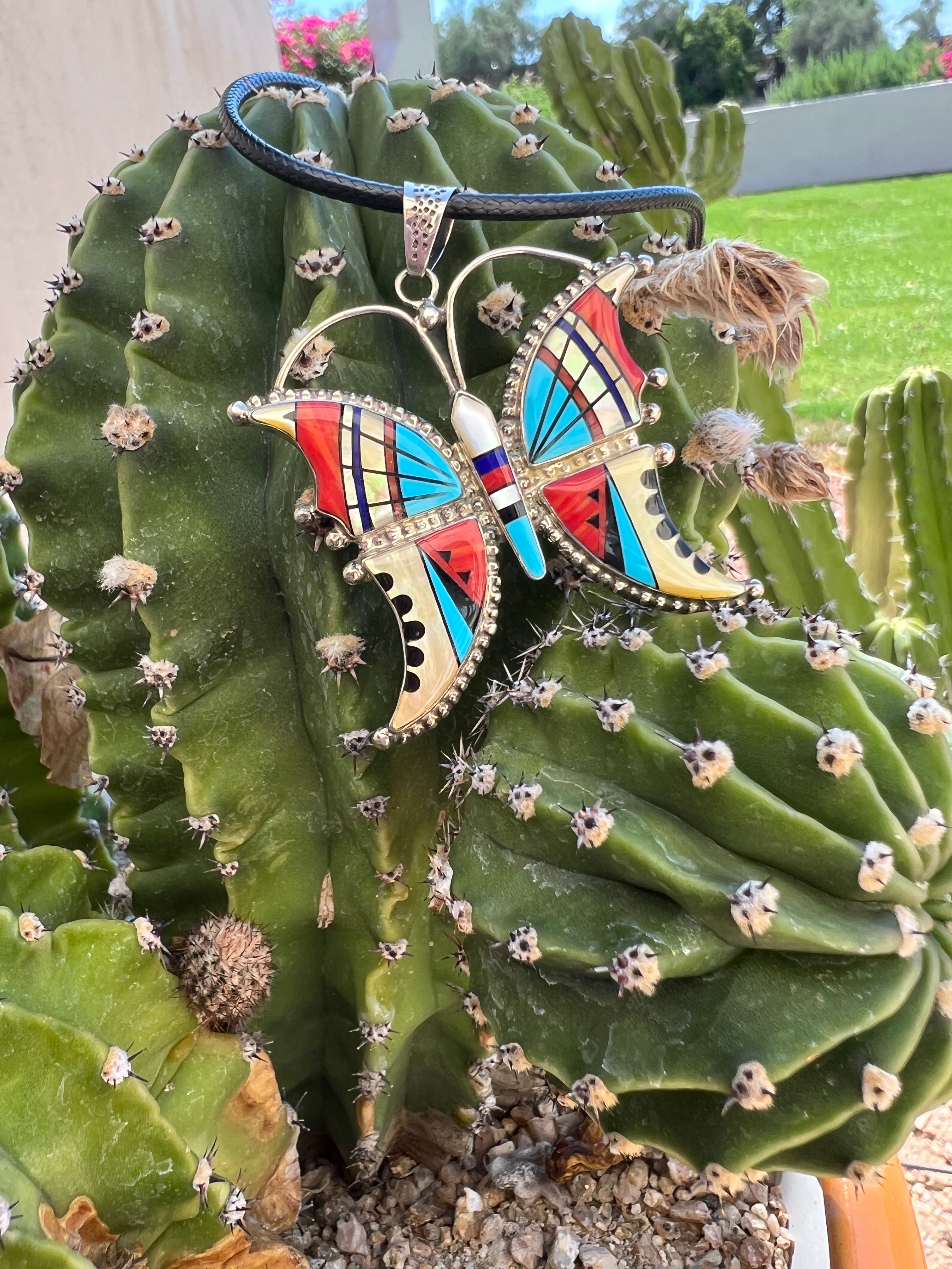 Vintage Zuni Inlay Butterfly Pendant Sterling Silver, Turquoise, Coral, MOP