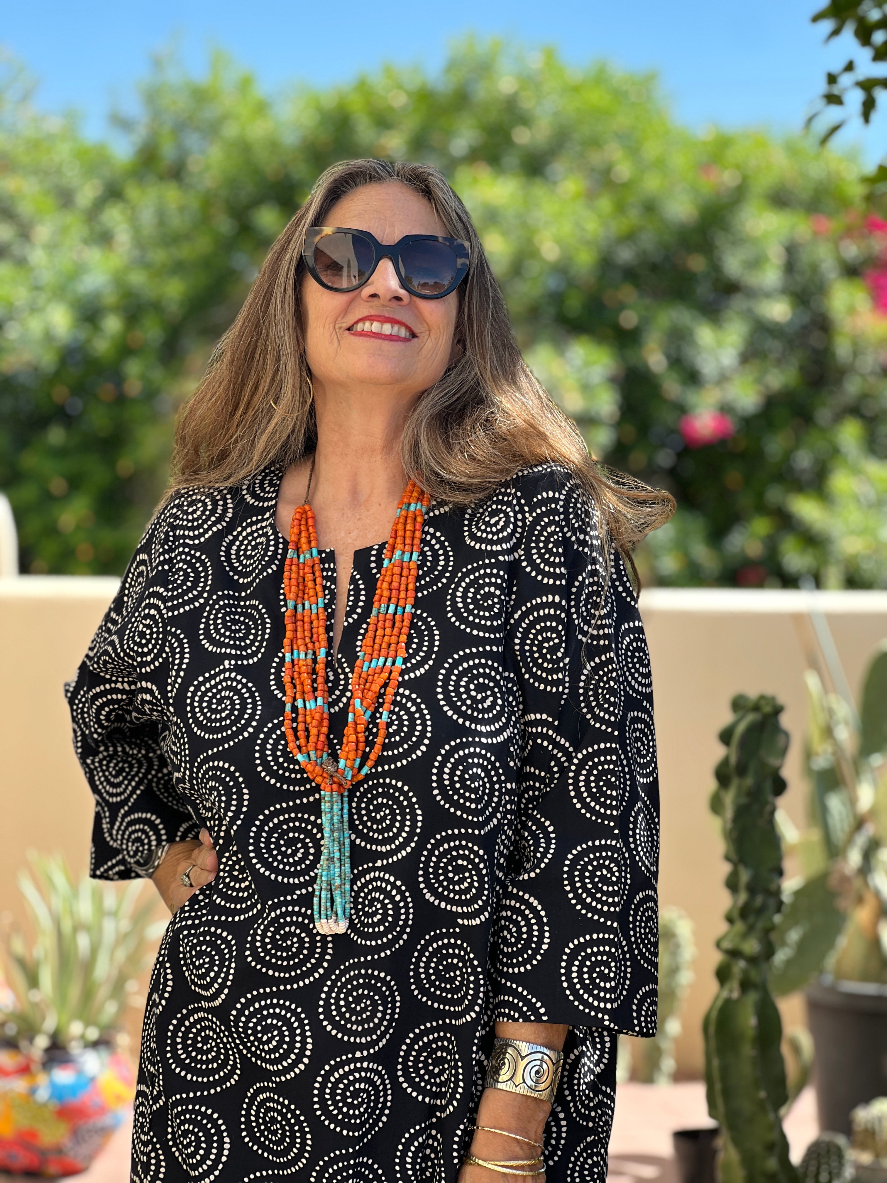 Turquoise and  Orange Ceramic Trading Bead Jacla Necklace Santo Domingo