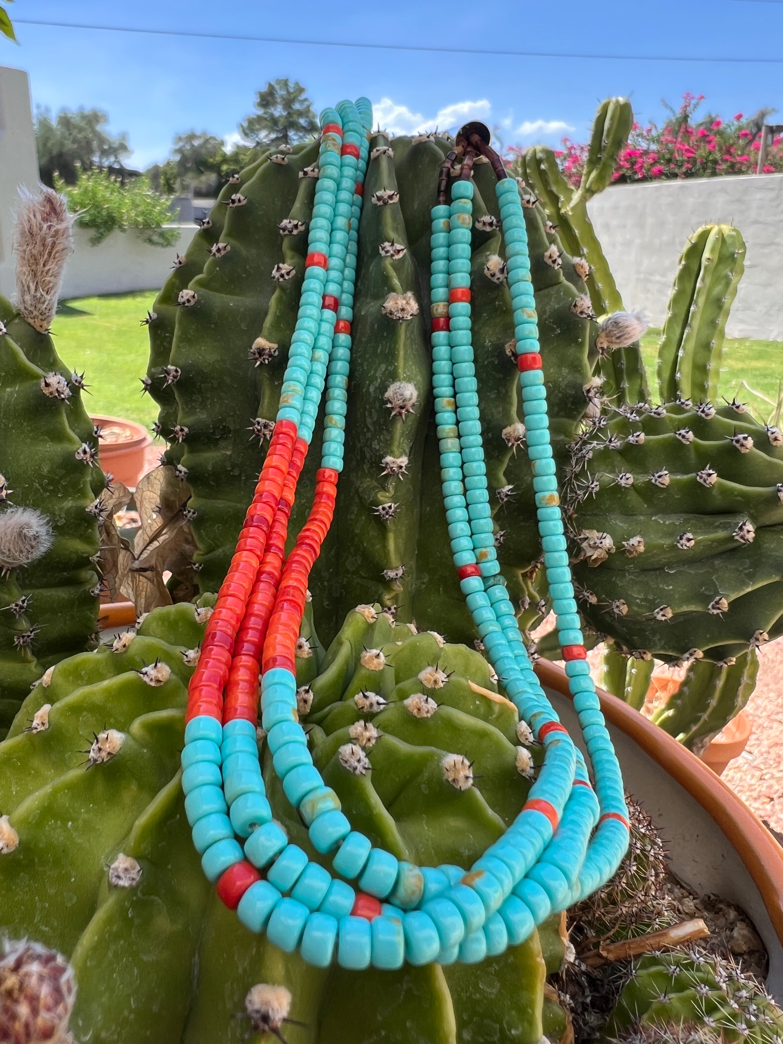 Turquoise and Apple Coral and Heishi Necklace Santo Domingo