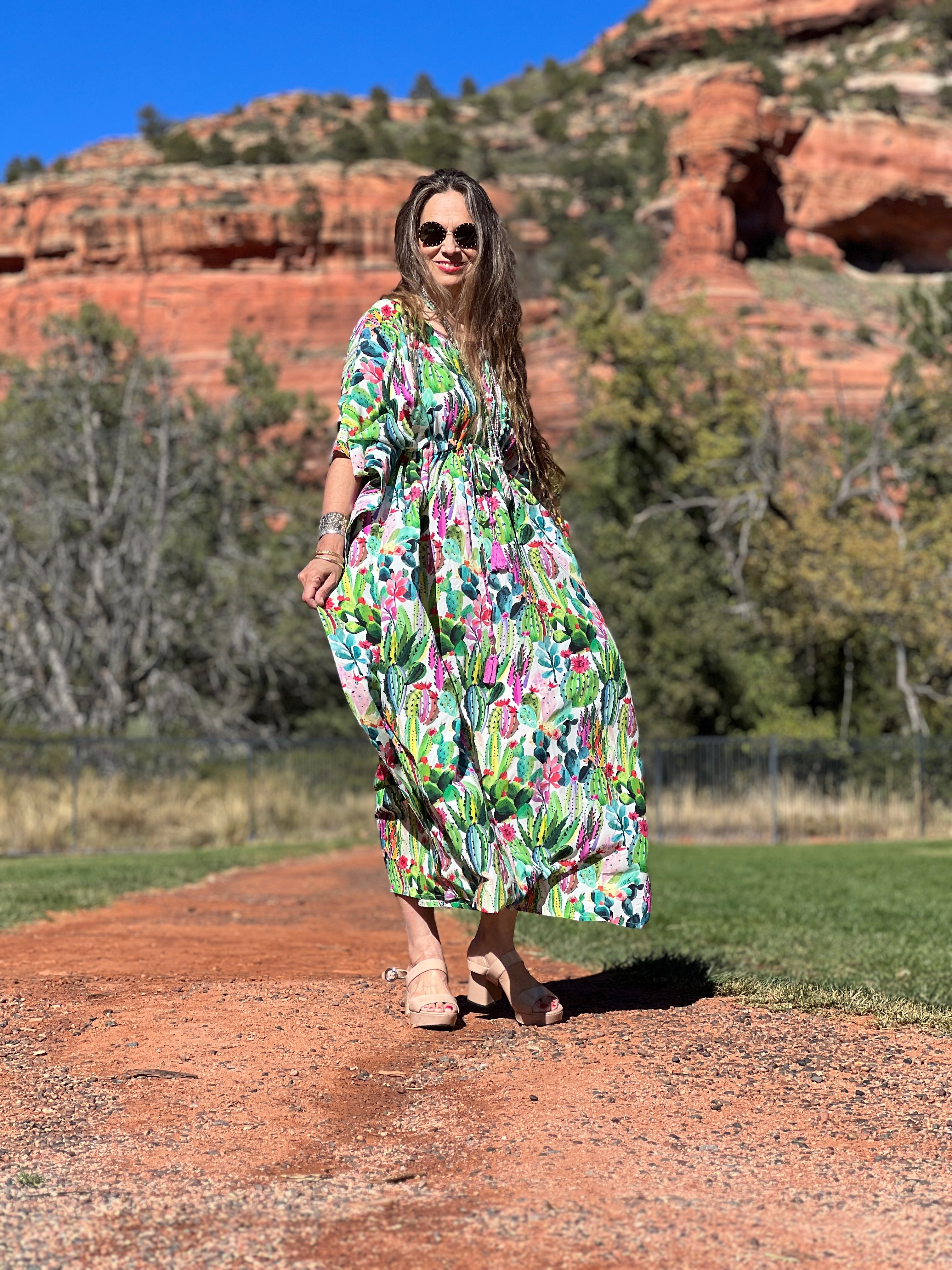 Primavera Cactus Italian Silk Maxi Kaftan Dress