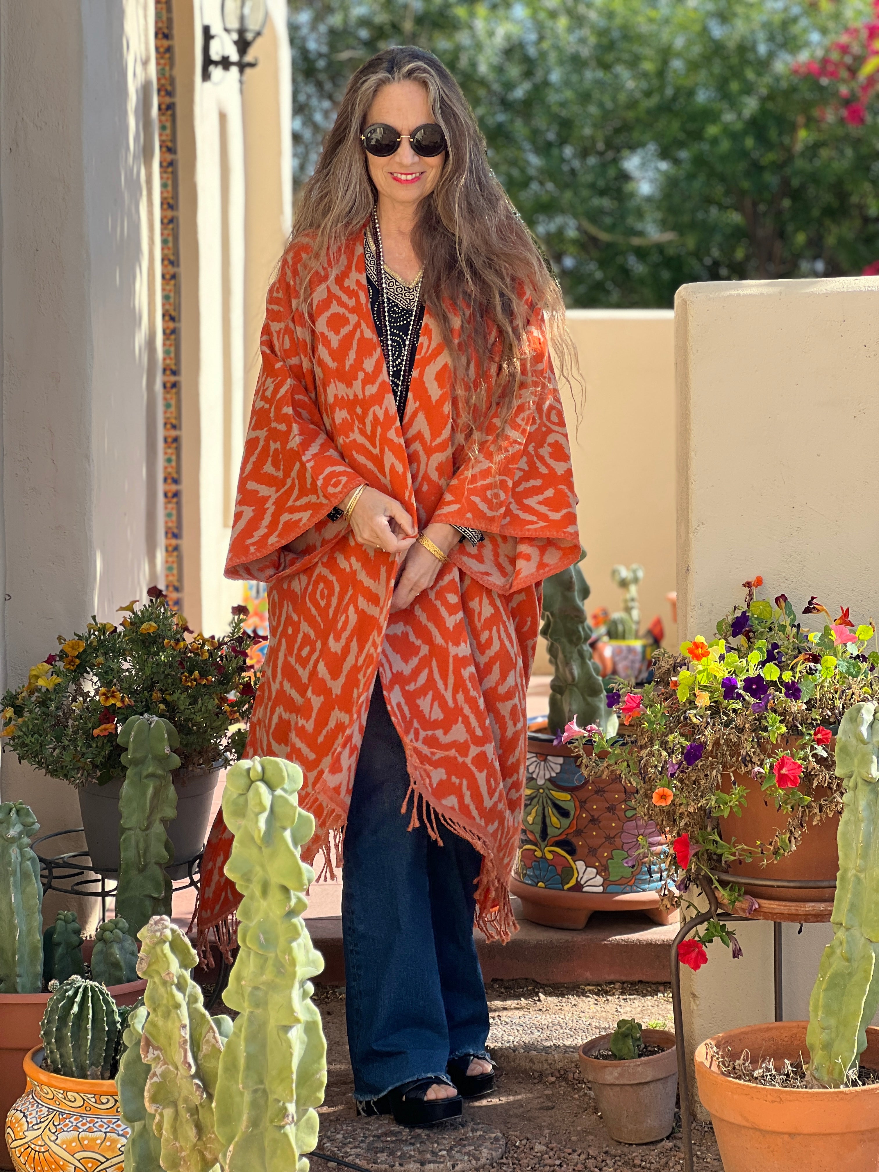 Cheryl Tangerine Ikat Boiled Wool Kimono Coat Reversible STORE CREDIT