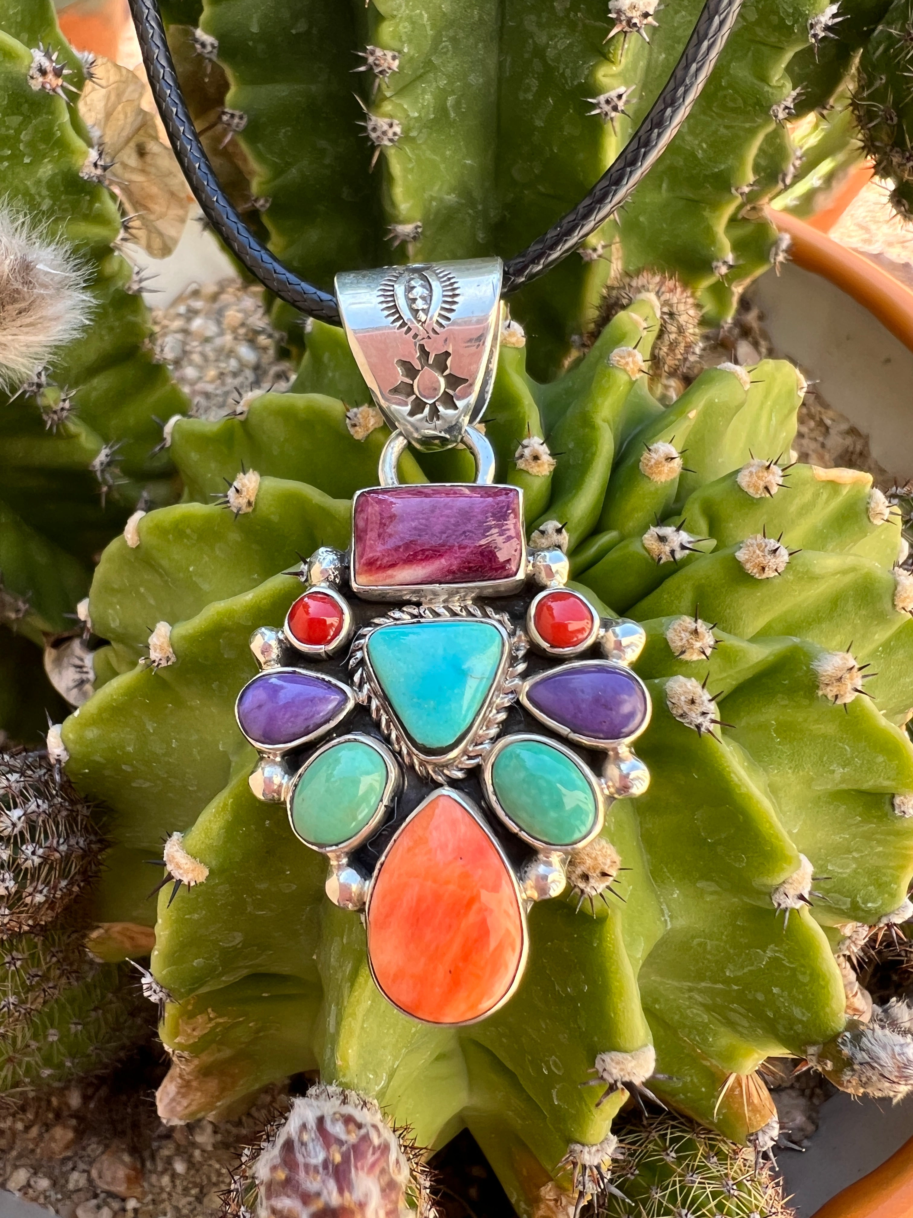 Turquoise, Orange and Purple Spiny Oyster Pendant Necklace