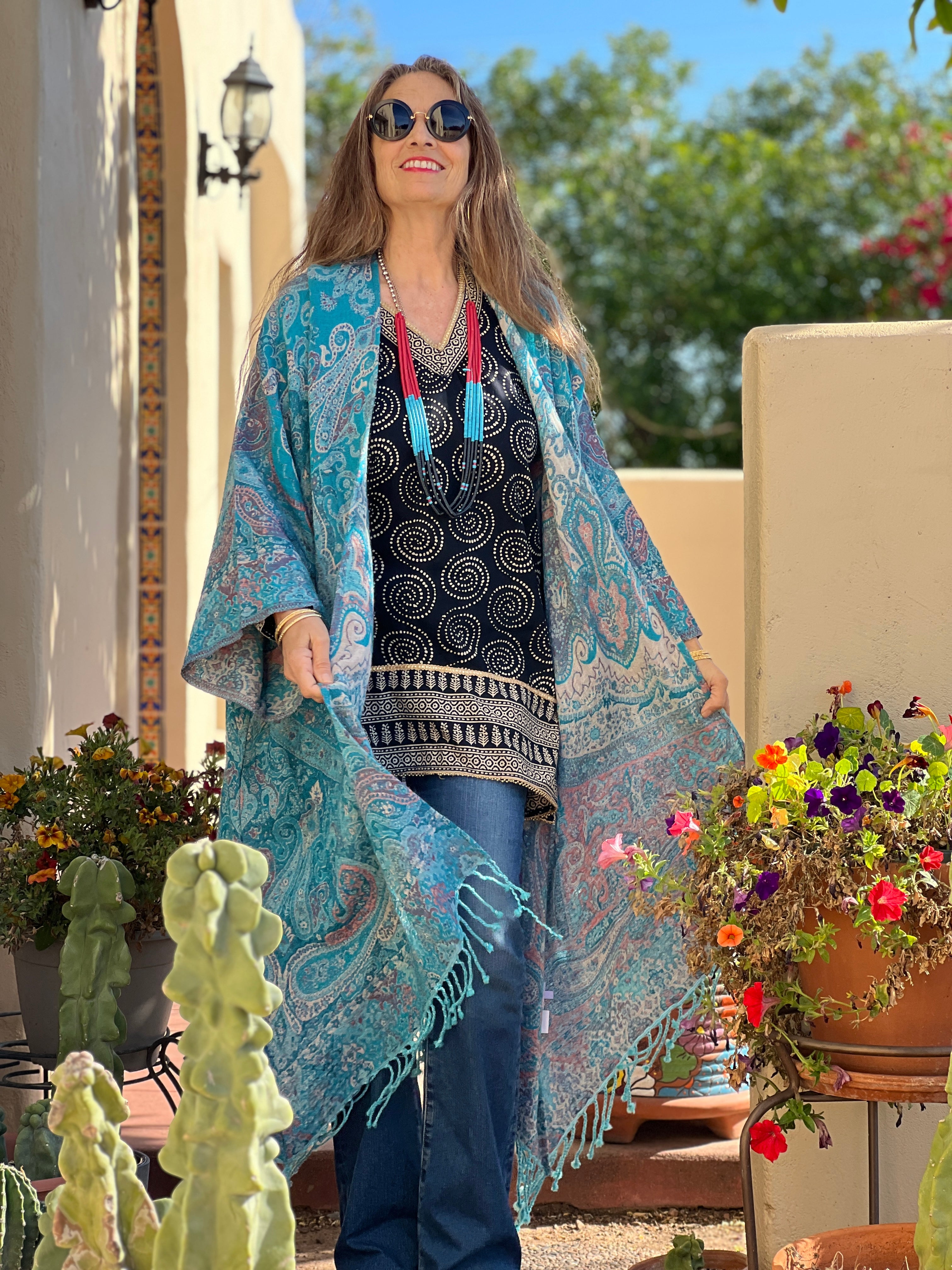 Tempting Turquoise Paisley Kimono Coat Reversible