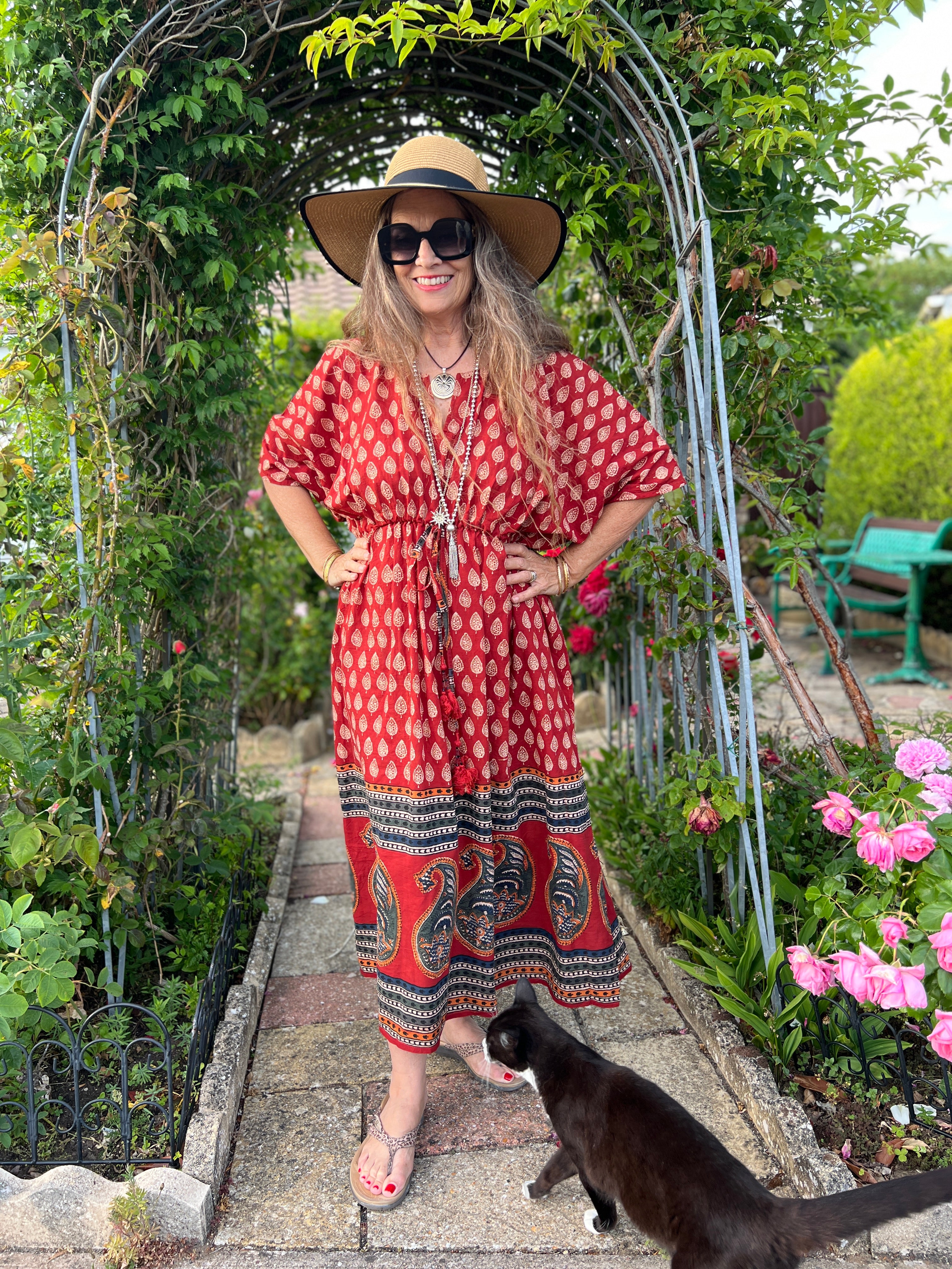Red Pompeii Paisley Mid Calf Kaftan Dress Natural Dyes