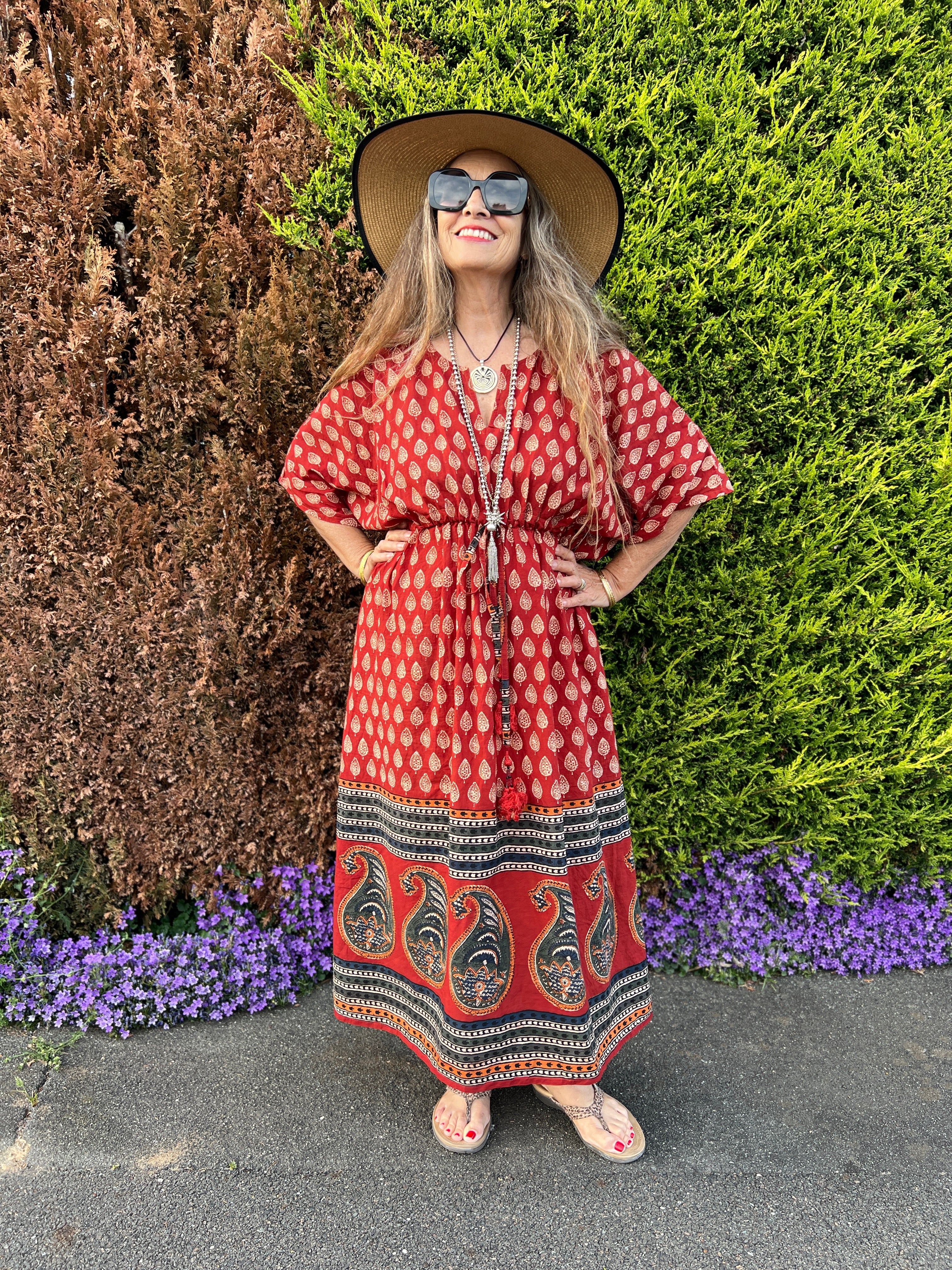 Red Pompeii Paisley Mid Calf Kaftan Dress Natural Dyes