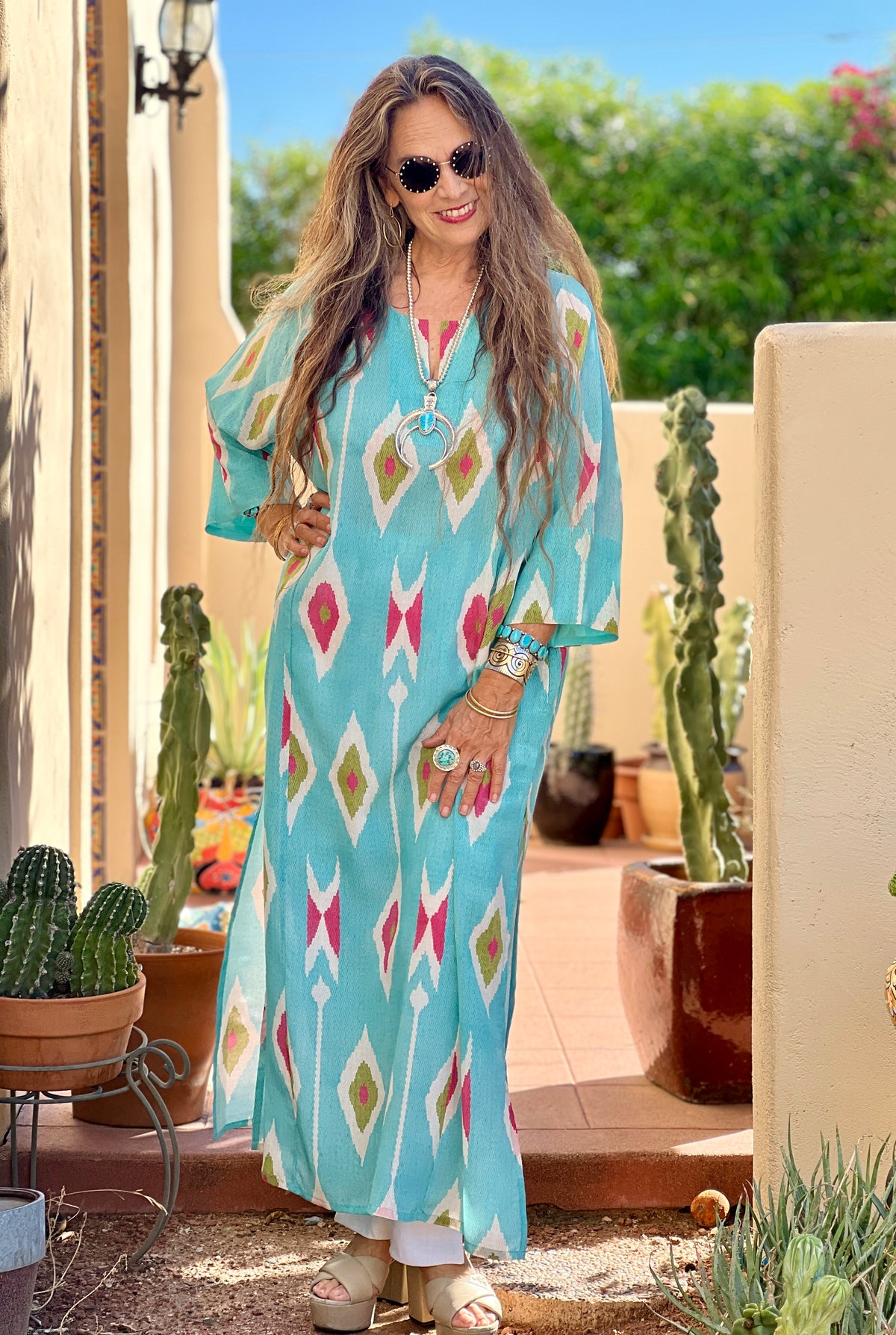 Tashkent Turquoise Italian Silk Long Tunic Dress