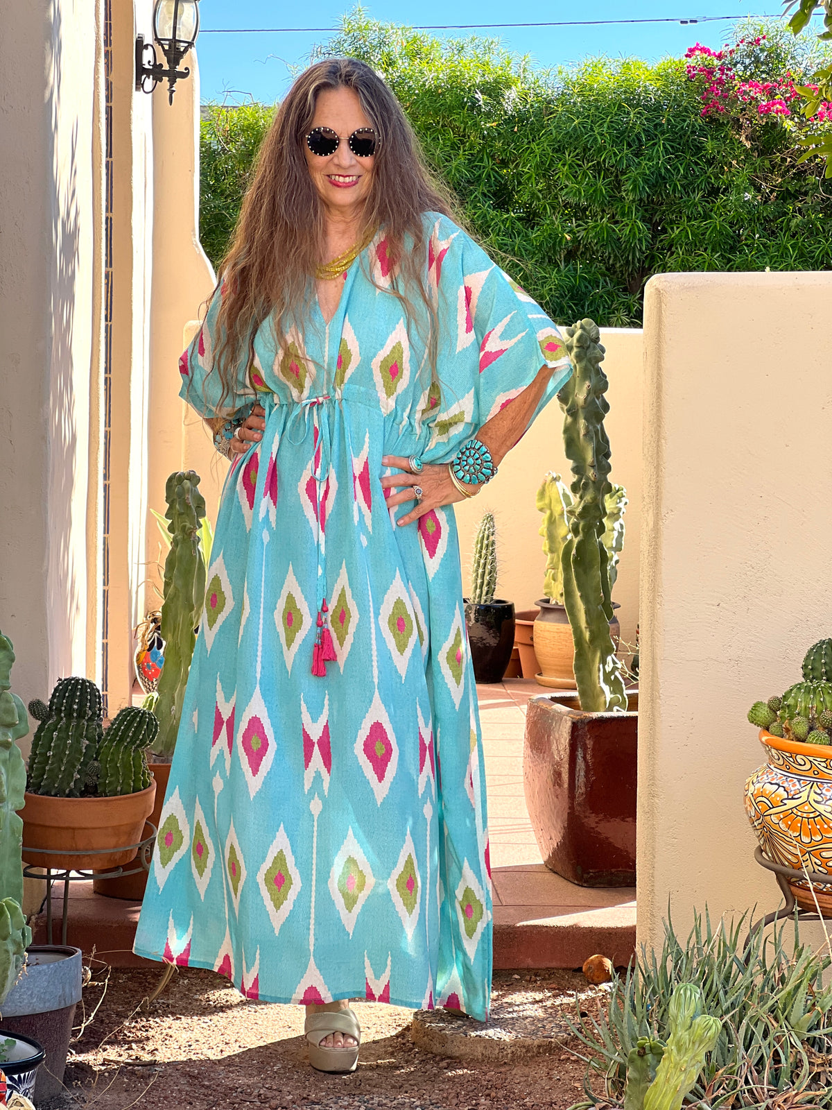 Tashkent Turquoise Italian Silk Maxi Kaftan Dress