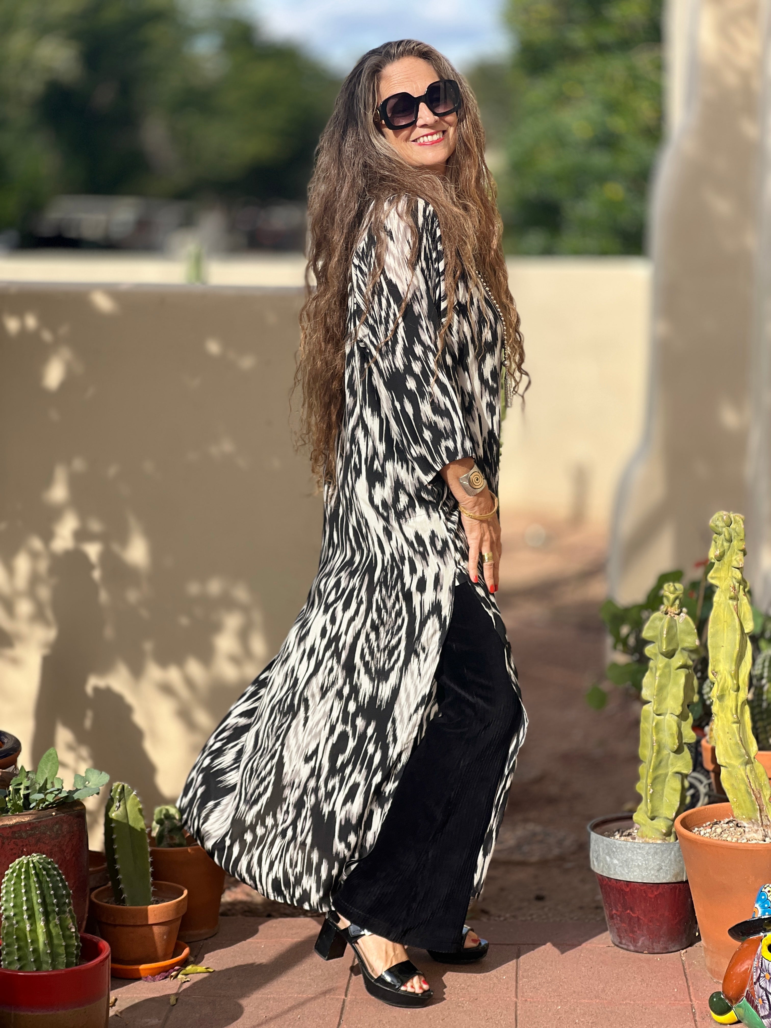 Fergana Black Ikat Italian Silk Long Tunic Dress