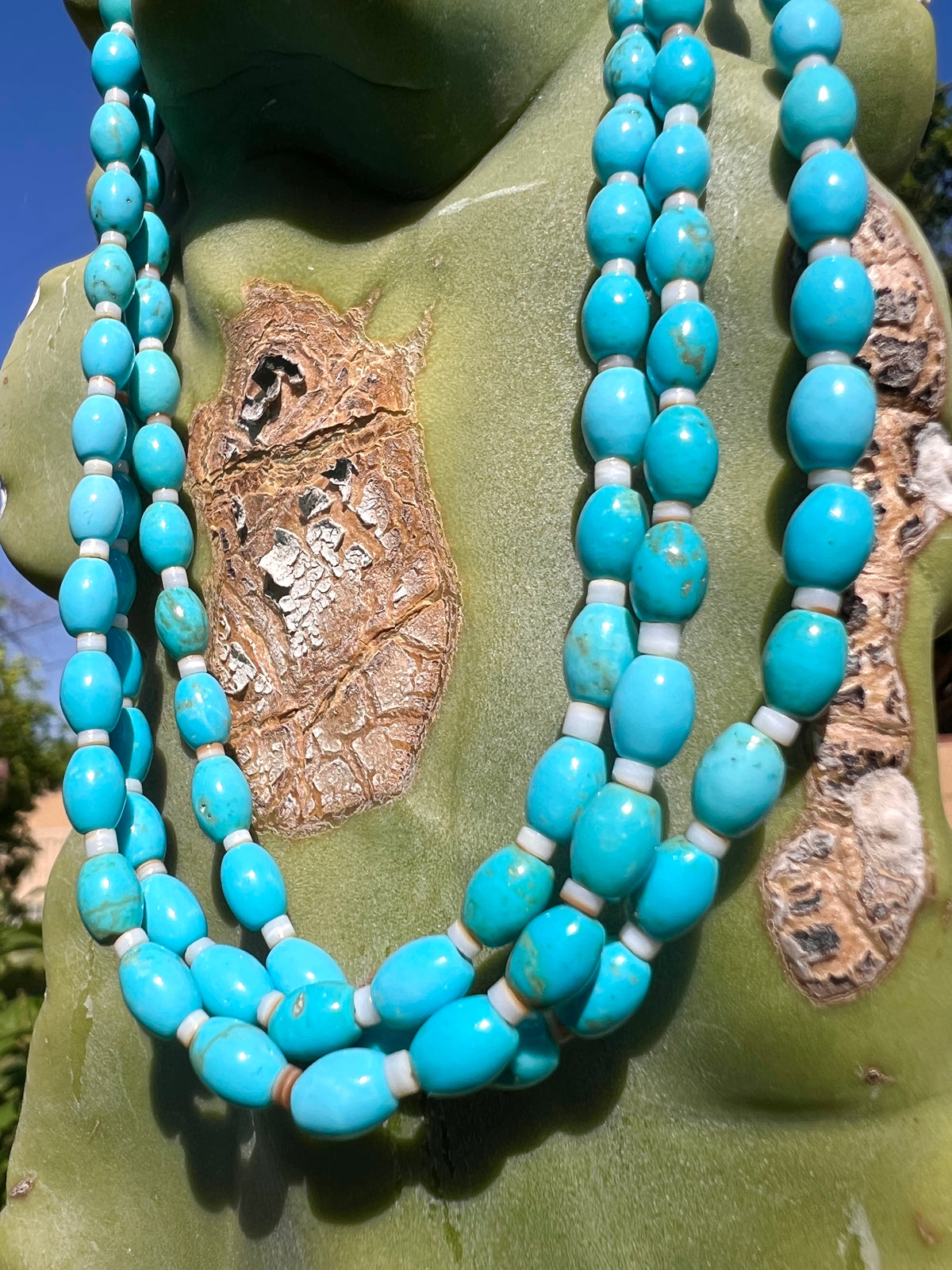 Sleeping Beauty Turquoise and Heishi Shell Three Strand Choker Necklace Santo Domingo