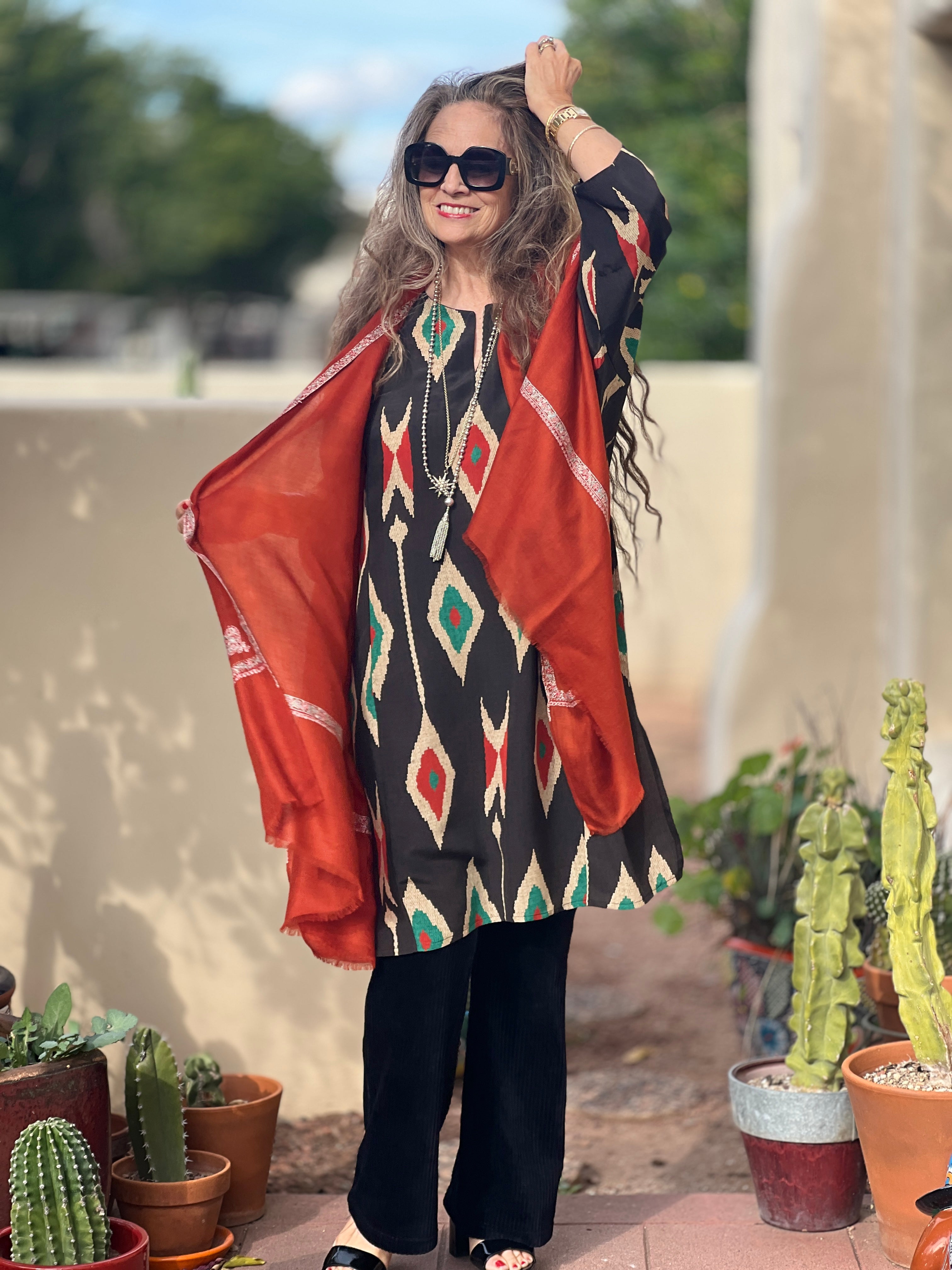 Terra Cotta Hand Embroidered Pashmina Shawl One of a Kind