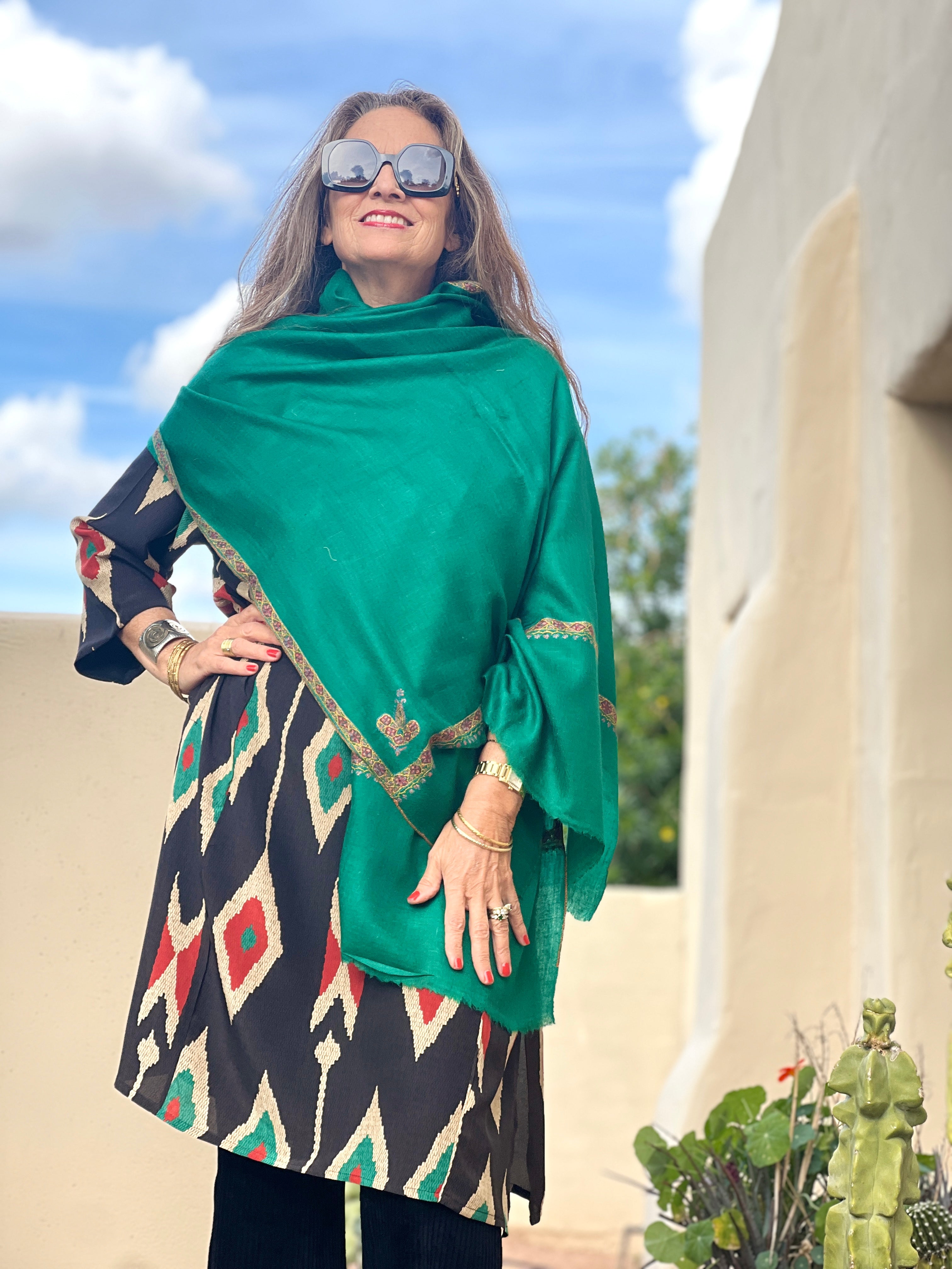 Sea Green Hand Embroidered Pashmina Shawl One of a Kind